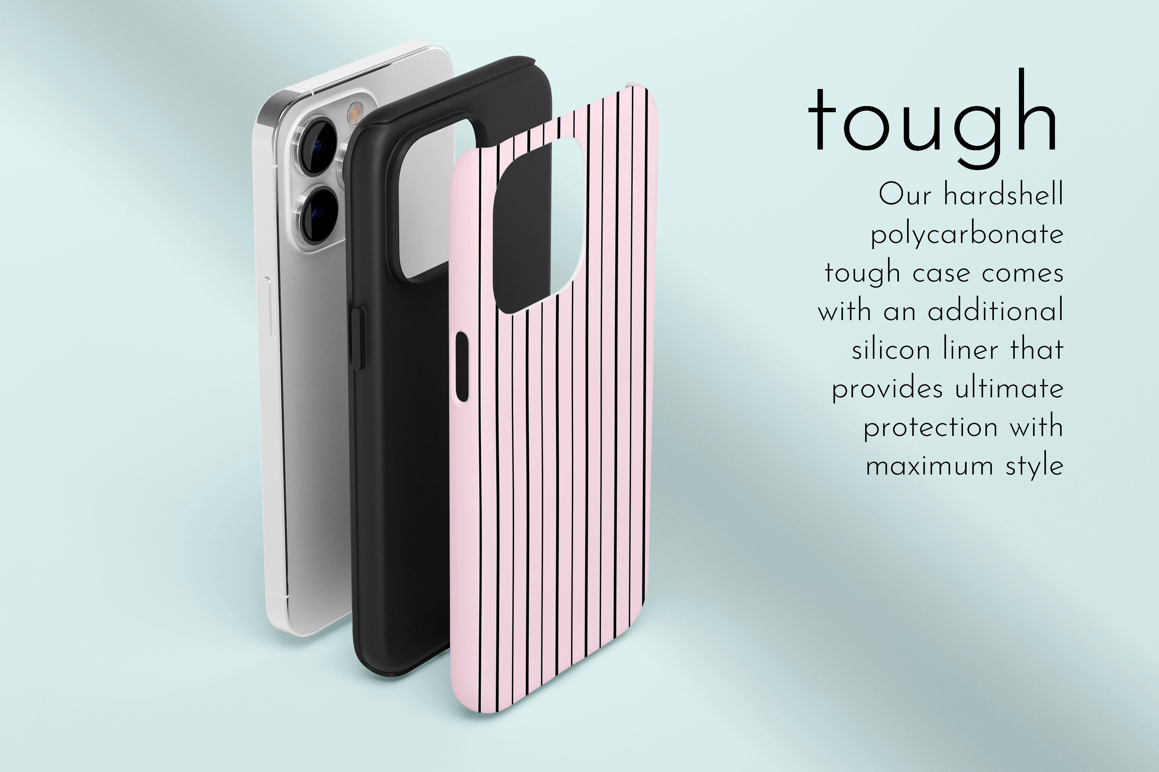 A graphic illustration of our Pillow Talk design describing the main features of our tough type phone case