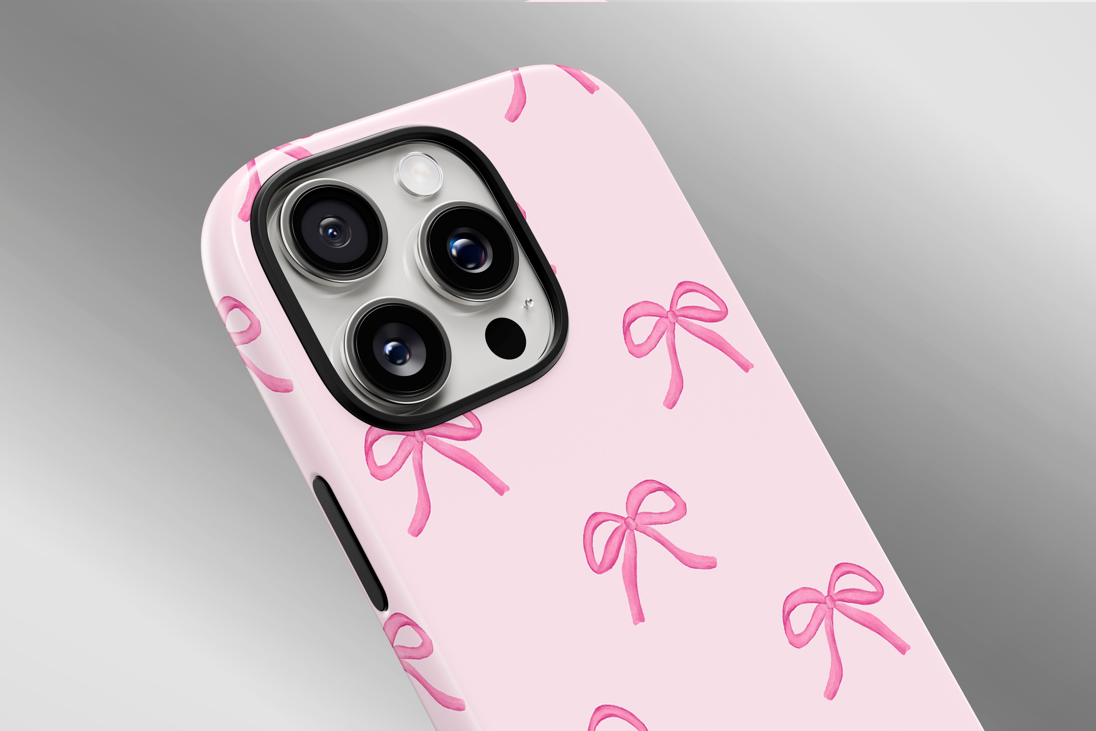 A close up image of a phone case featuring our Pink Bows design