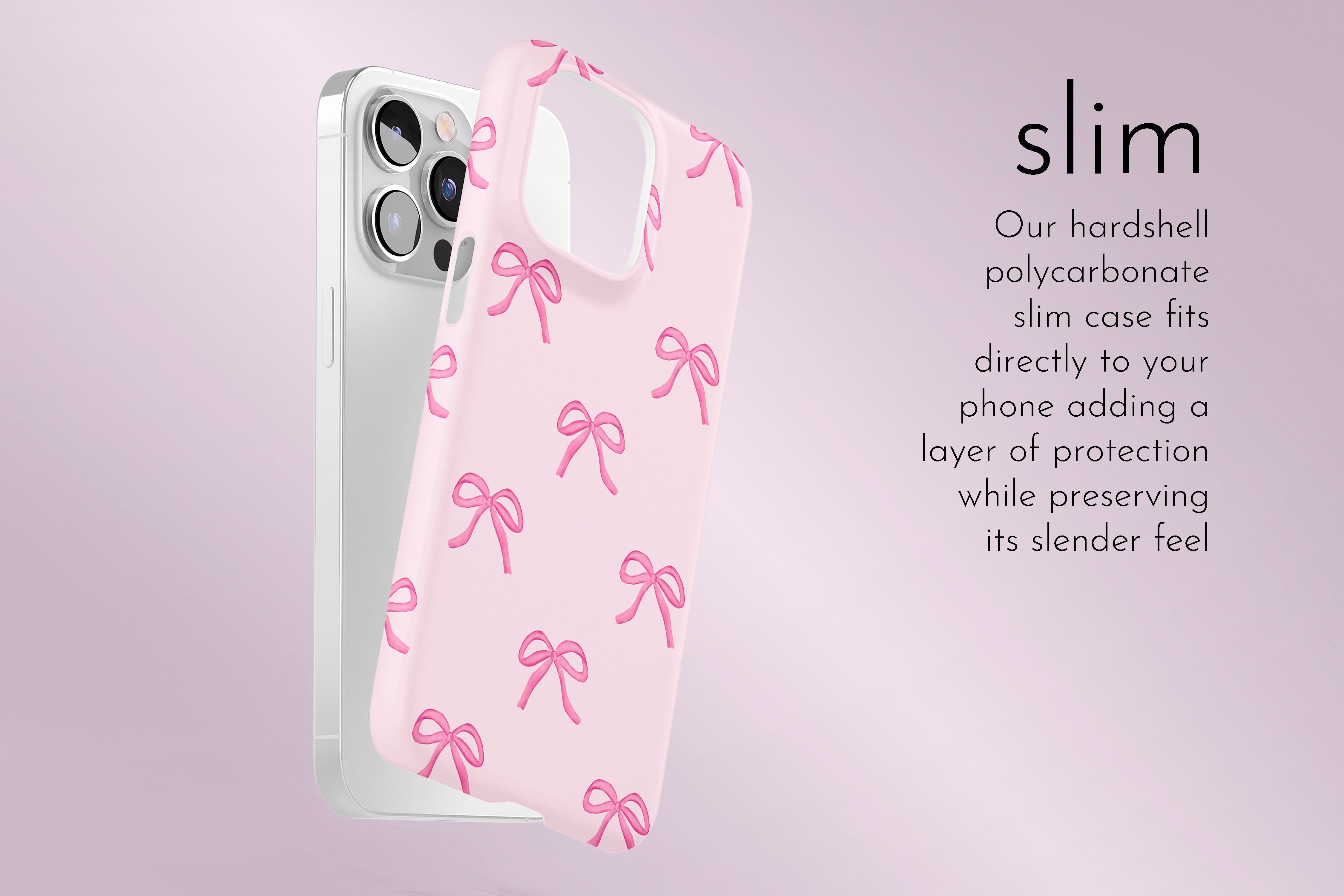 A graphic illustration of our Pink Bows design describing the main features of our slim type phone case