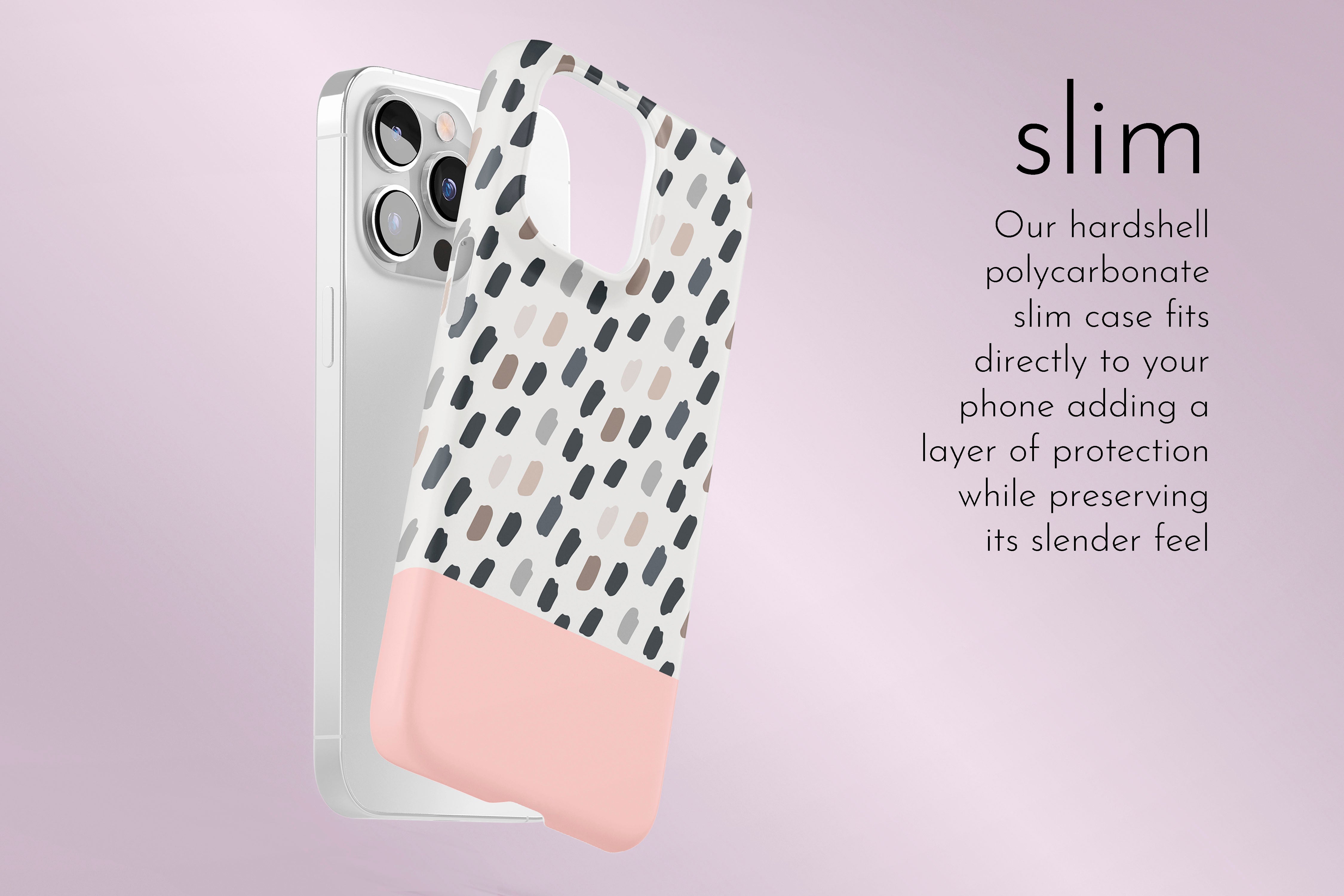 A graphic illustration of our Pink Mocca design describing the main features of our slim type phone case