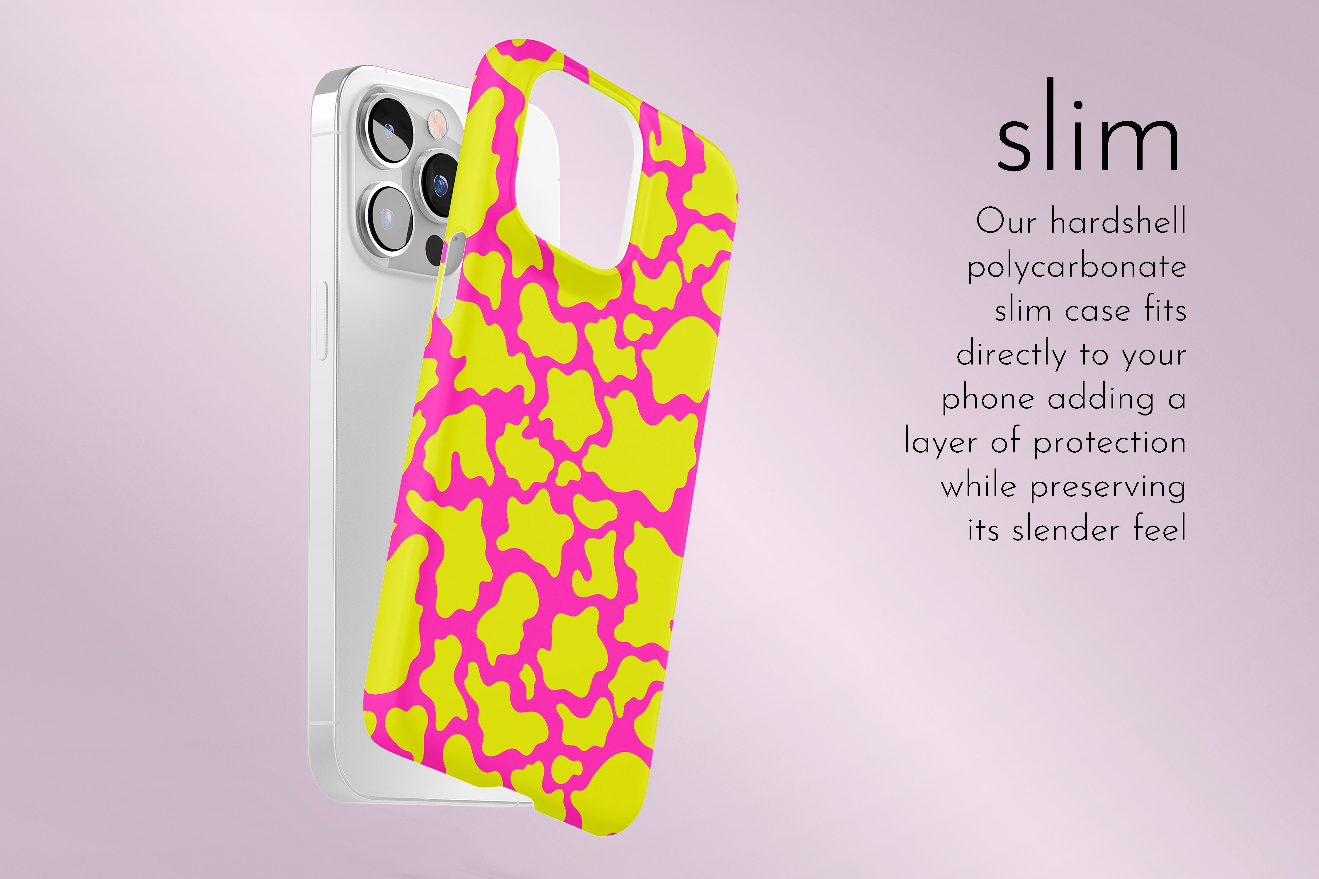 A graphic illustration of our Pink Punk design describing the main features of our slim type phone case