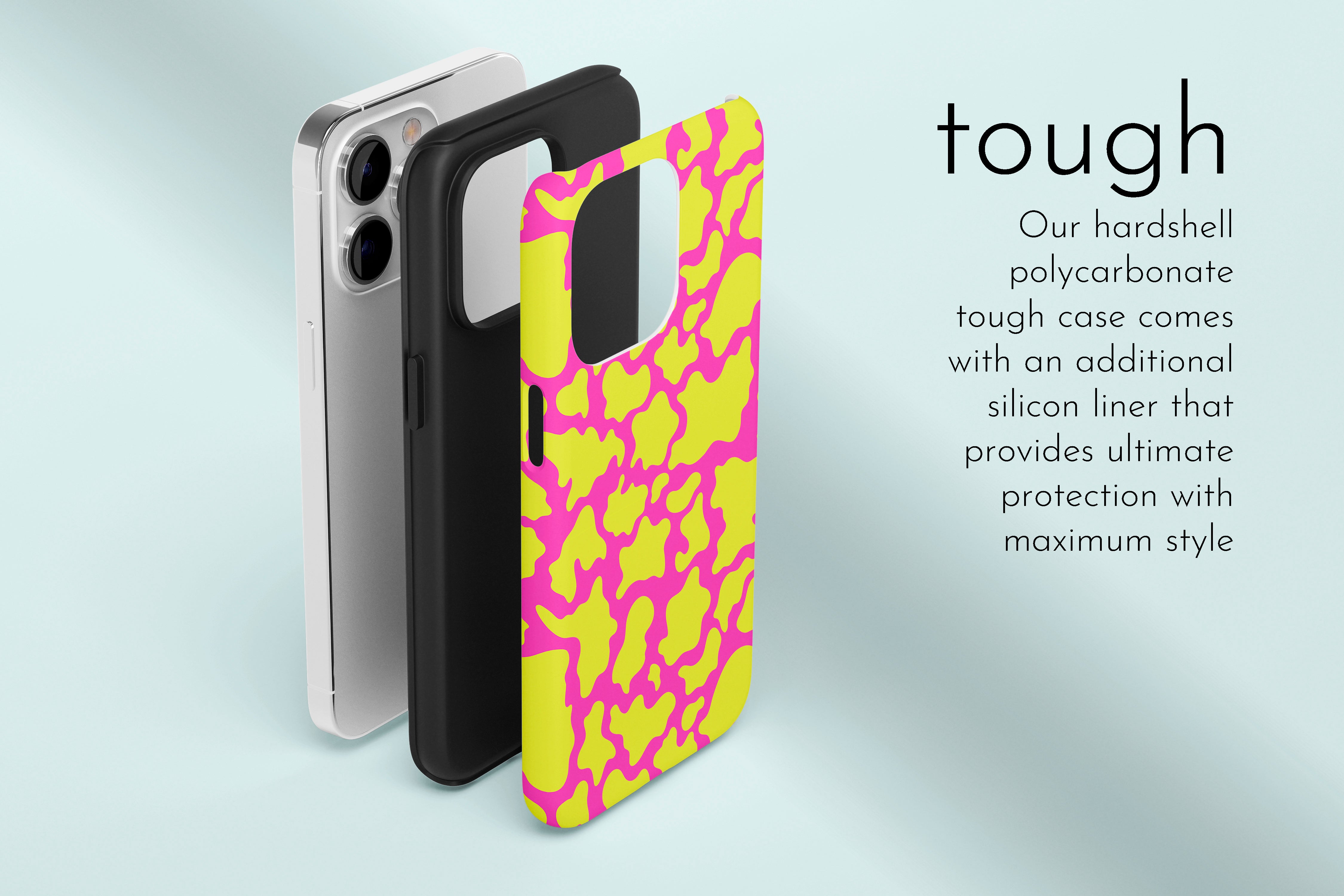 A graphic illustration of our Pink Punk design describing the main features of our tough type phone case
