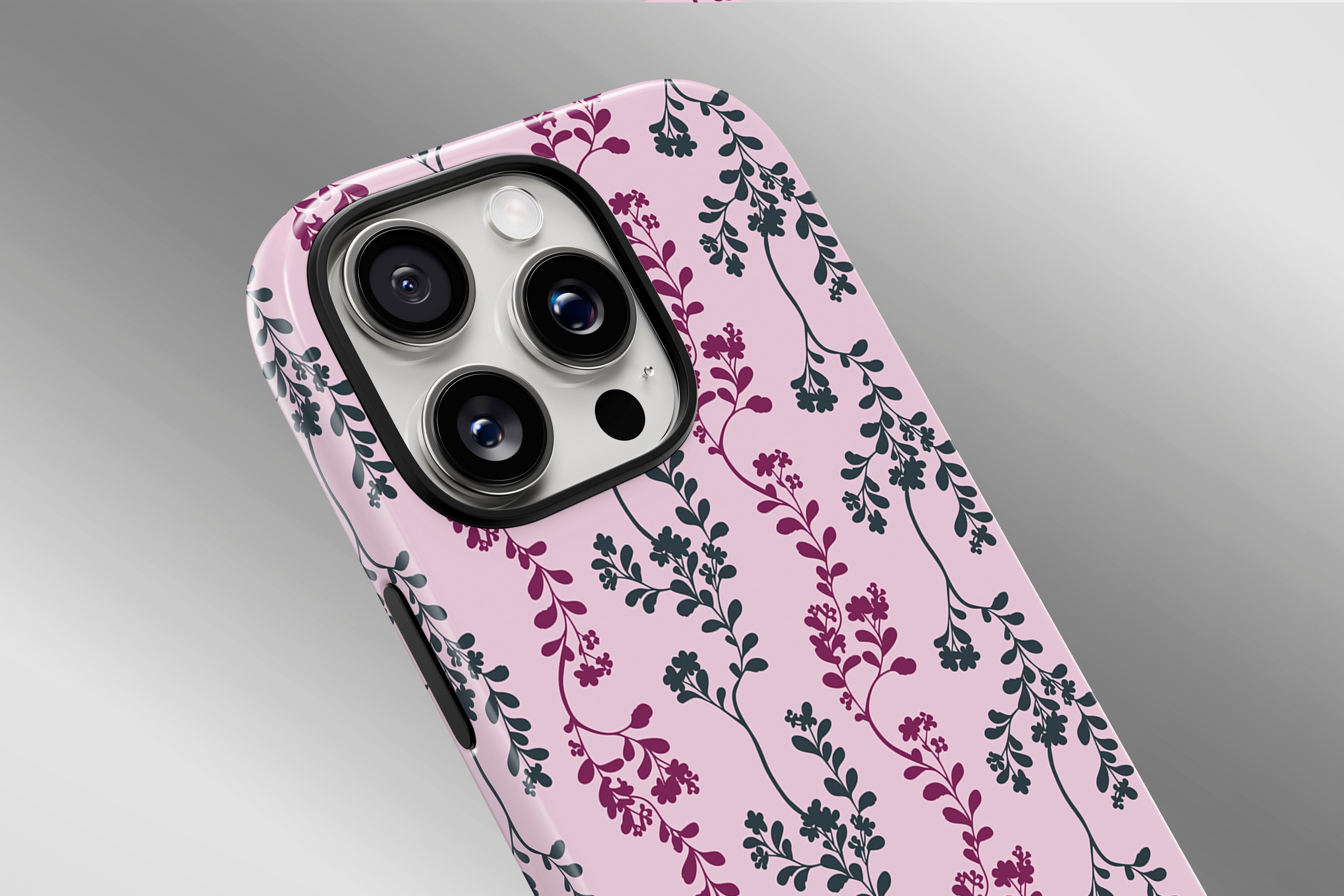 A close up image of a phone case featuring our Pretty Pink Leaf design