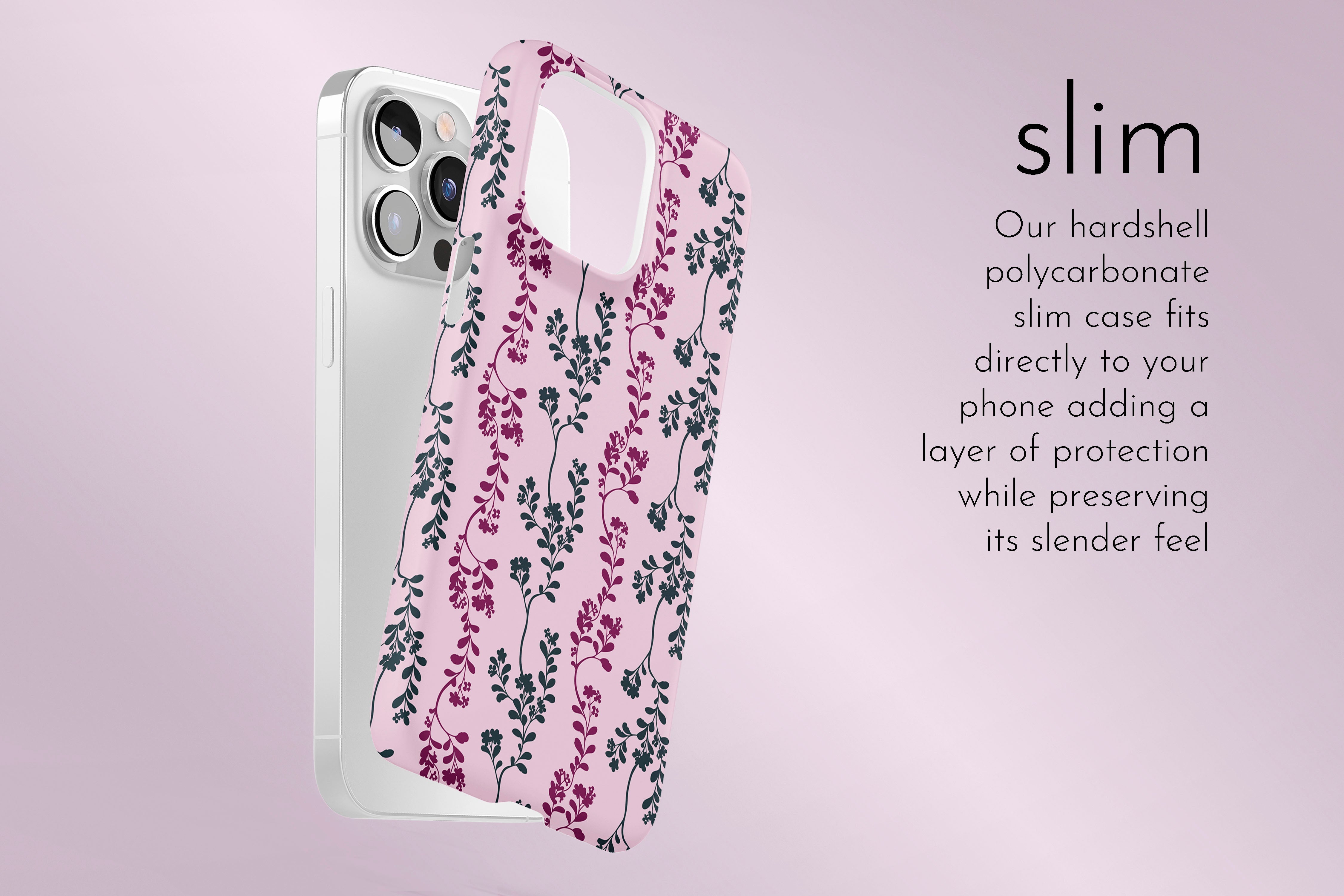 A graphic illustration of our Pretty Pink Leaf design describing the main features of our slim type phone case