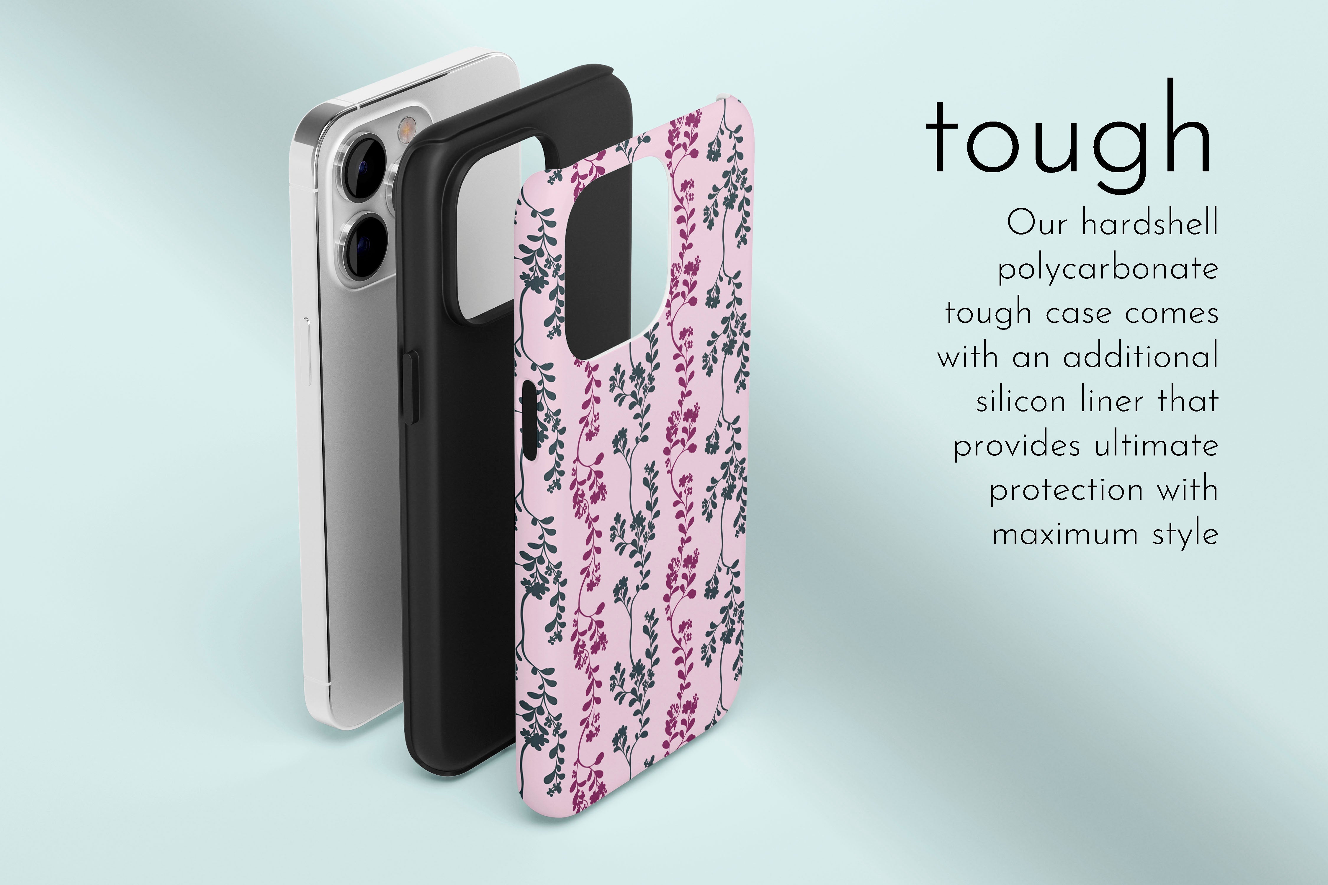 A graphic illustration of our Pretty Pink Leaf design describing the main features of our tough type phone case