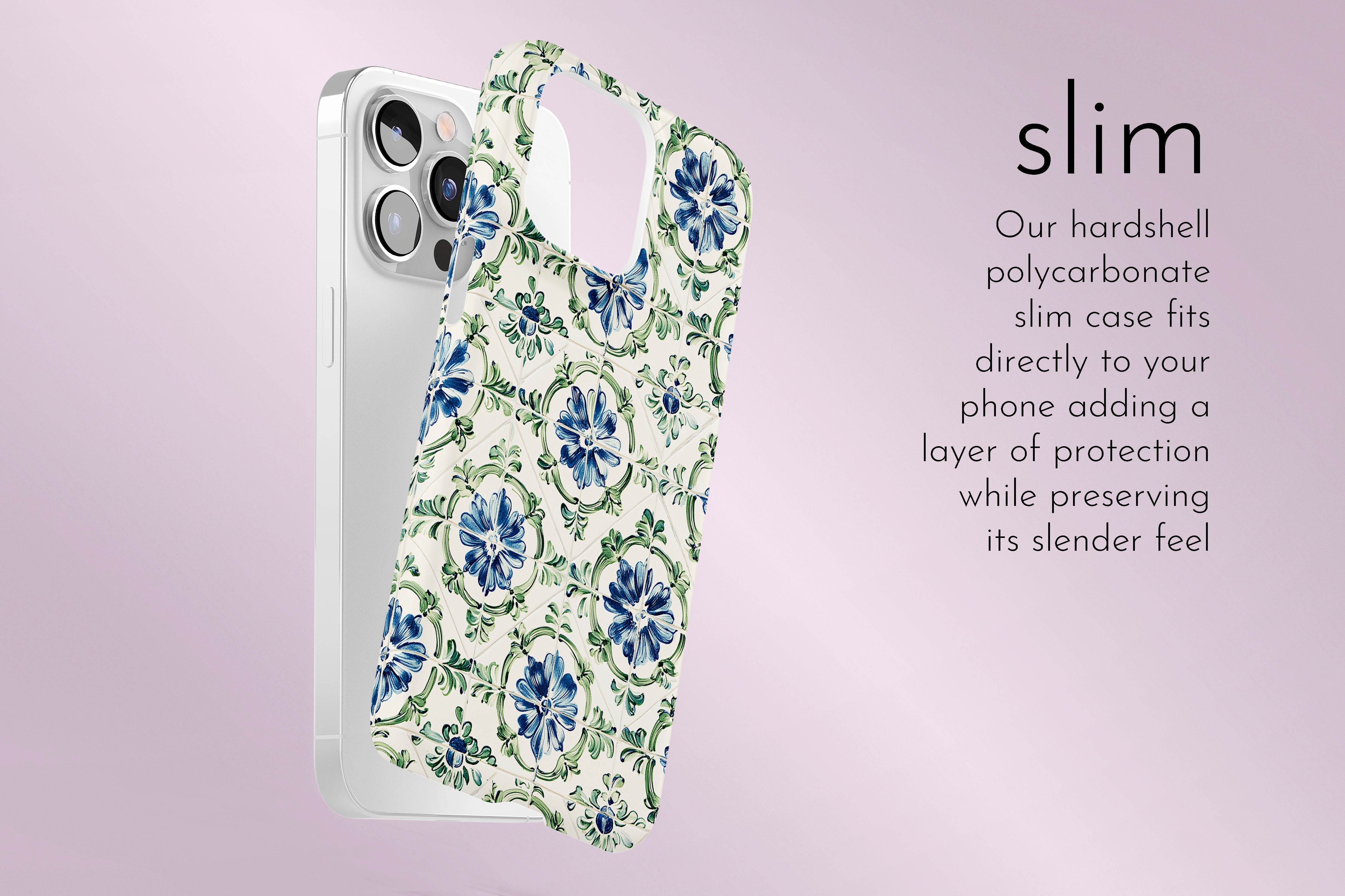 A graphic illustration of our Pretty Tile design describing the main features of our slim type phone case