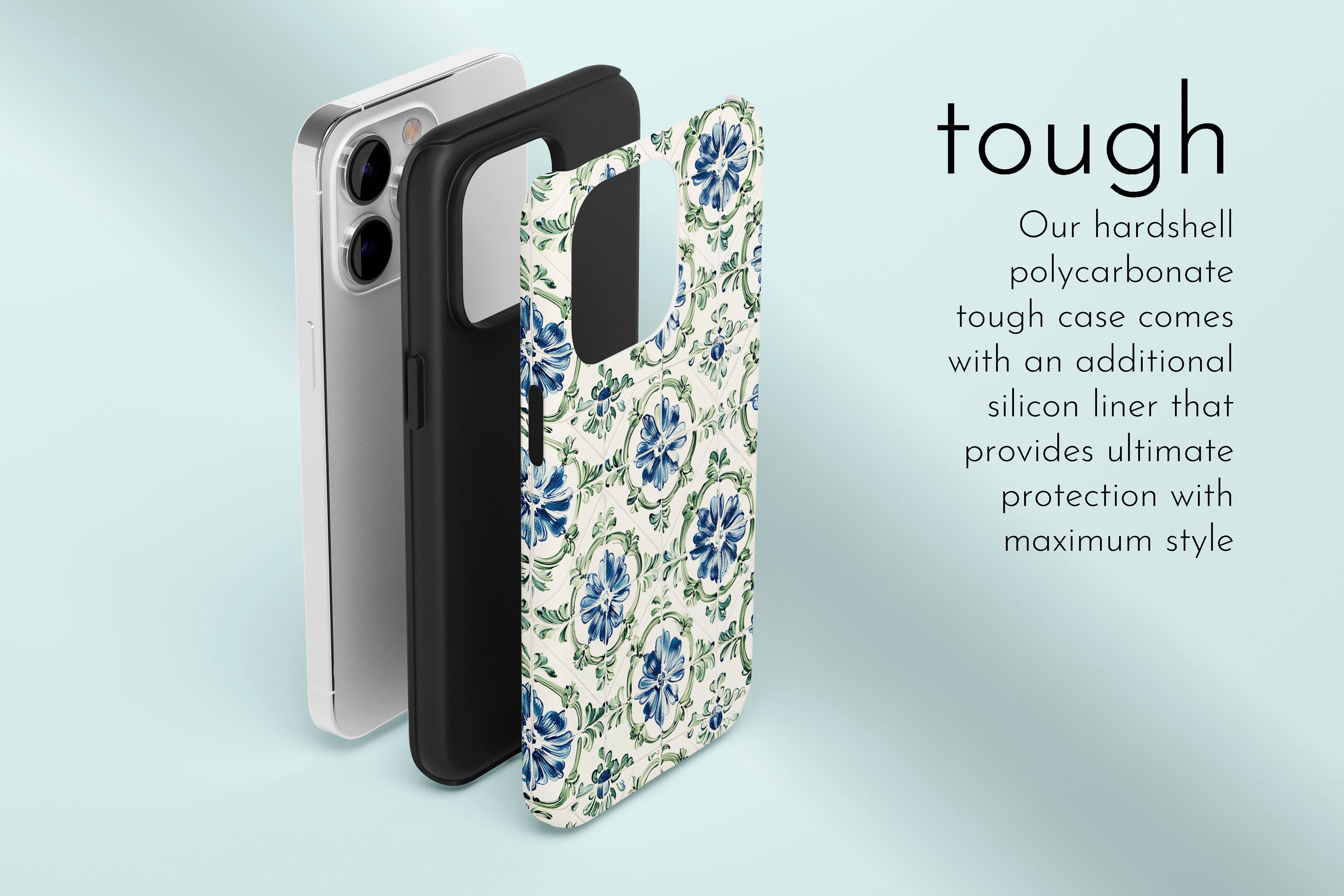 A graphic illustration of our Pretty Tile design describing the main features of our tough type phone case