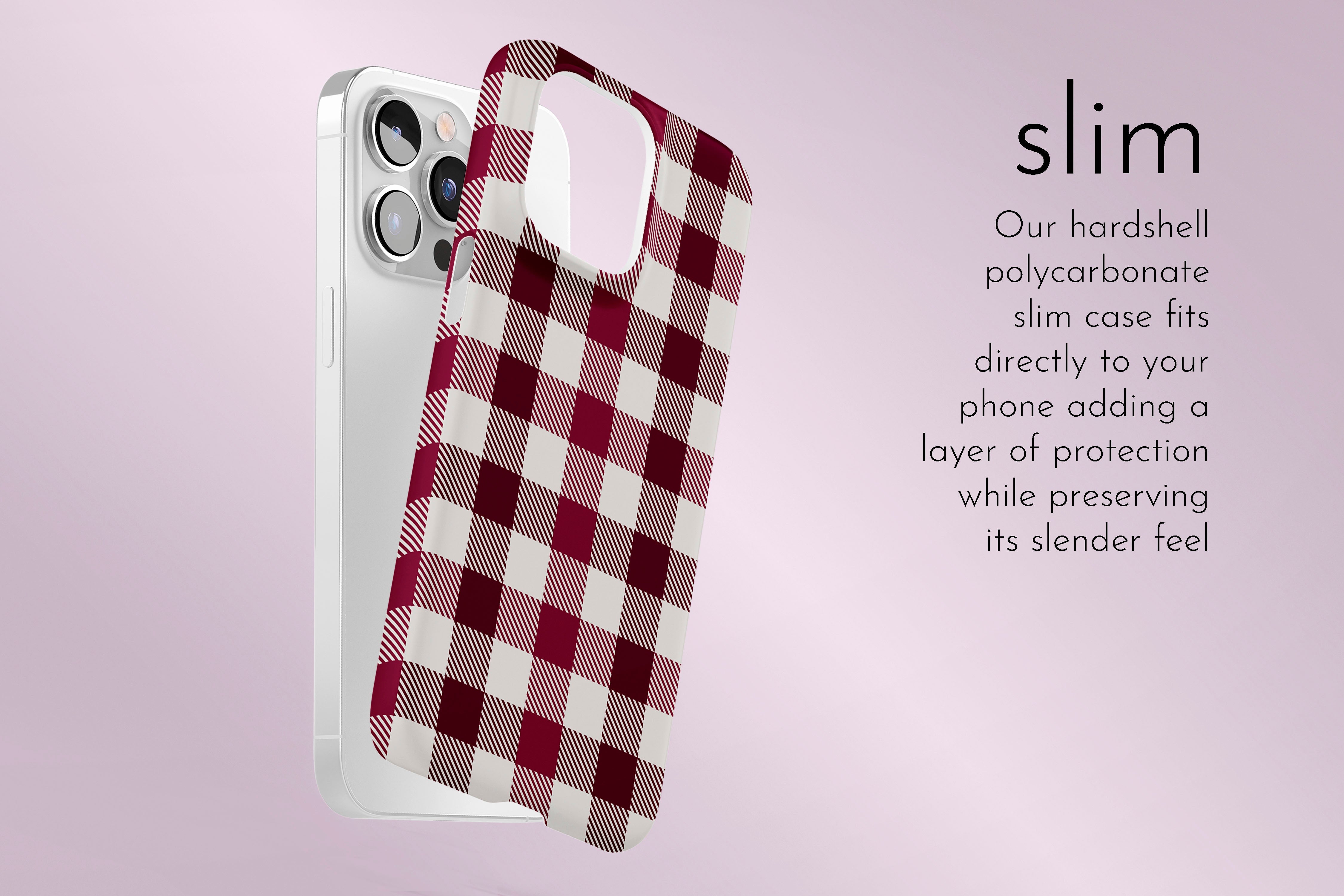 A graphic illustration of our Red Check design describing the main features of our slim type phone case