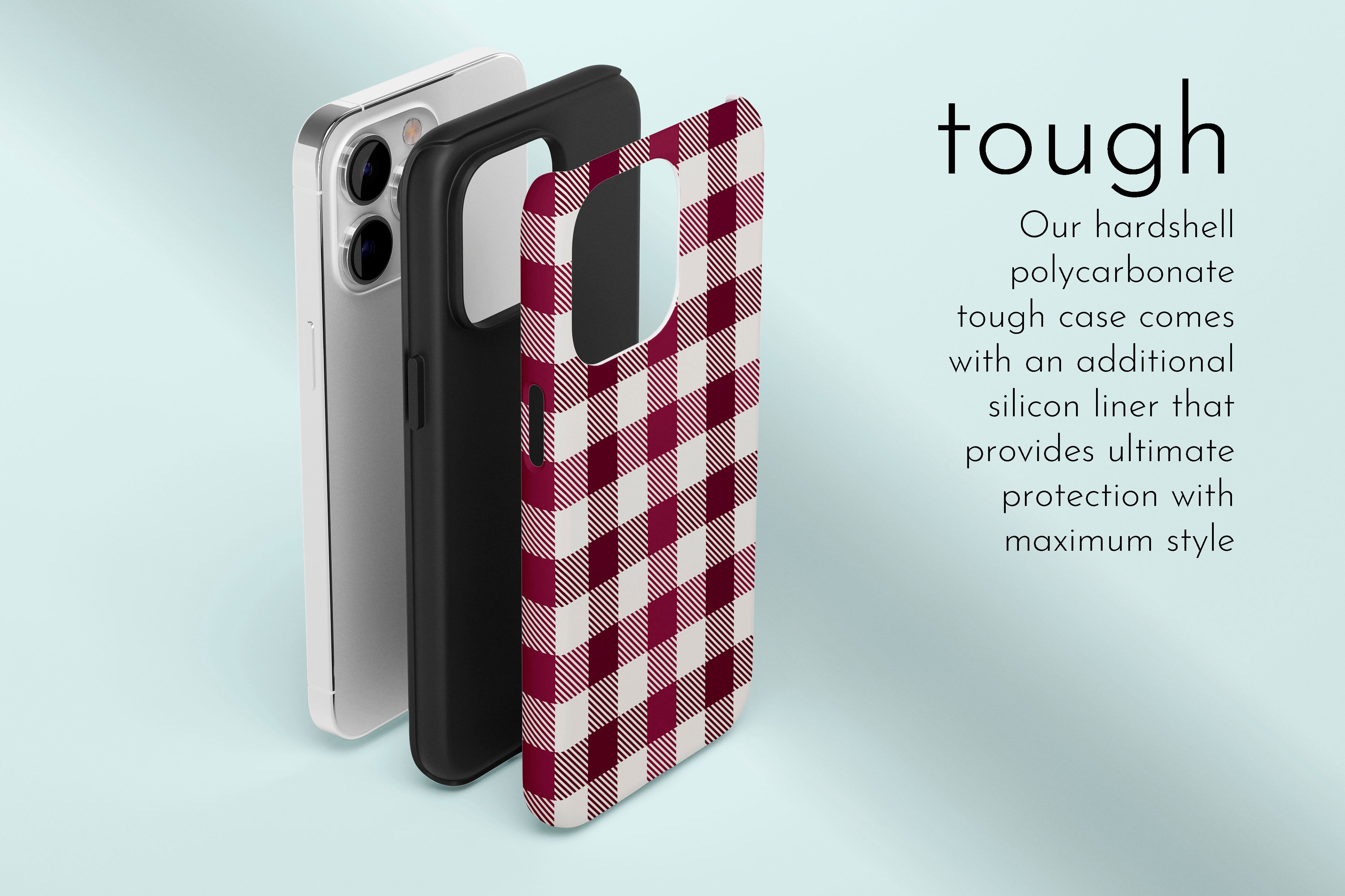 A graphic illustration of our Red Check design describing the main features of our tough type phone case