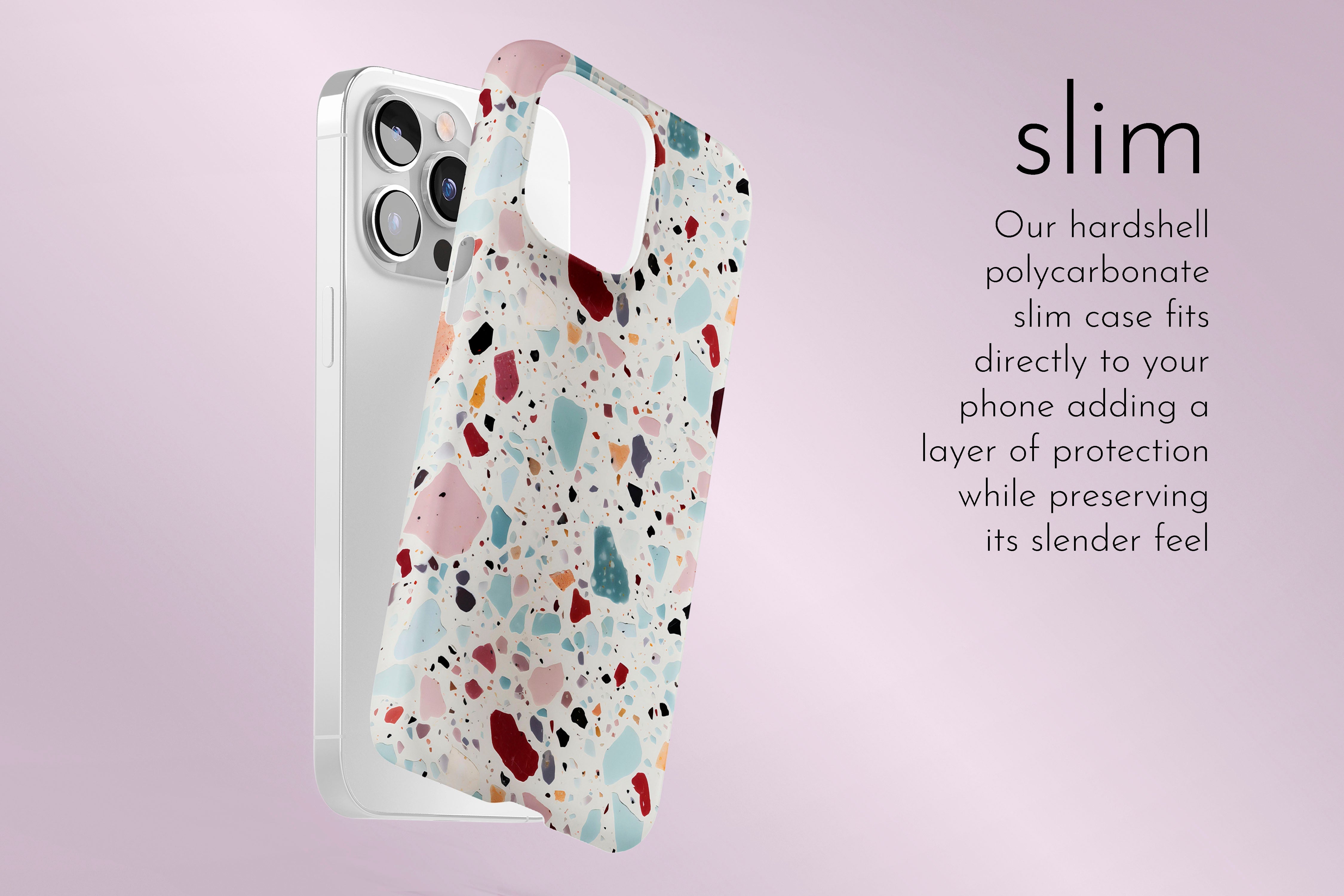 A graphic illustration of our Roman Bath design describing the main features of our slim type phone case