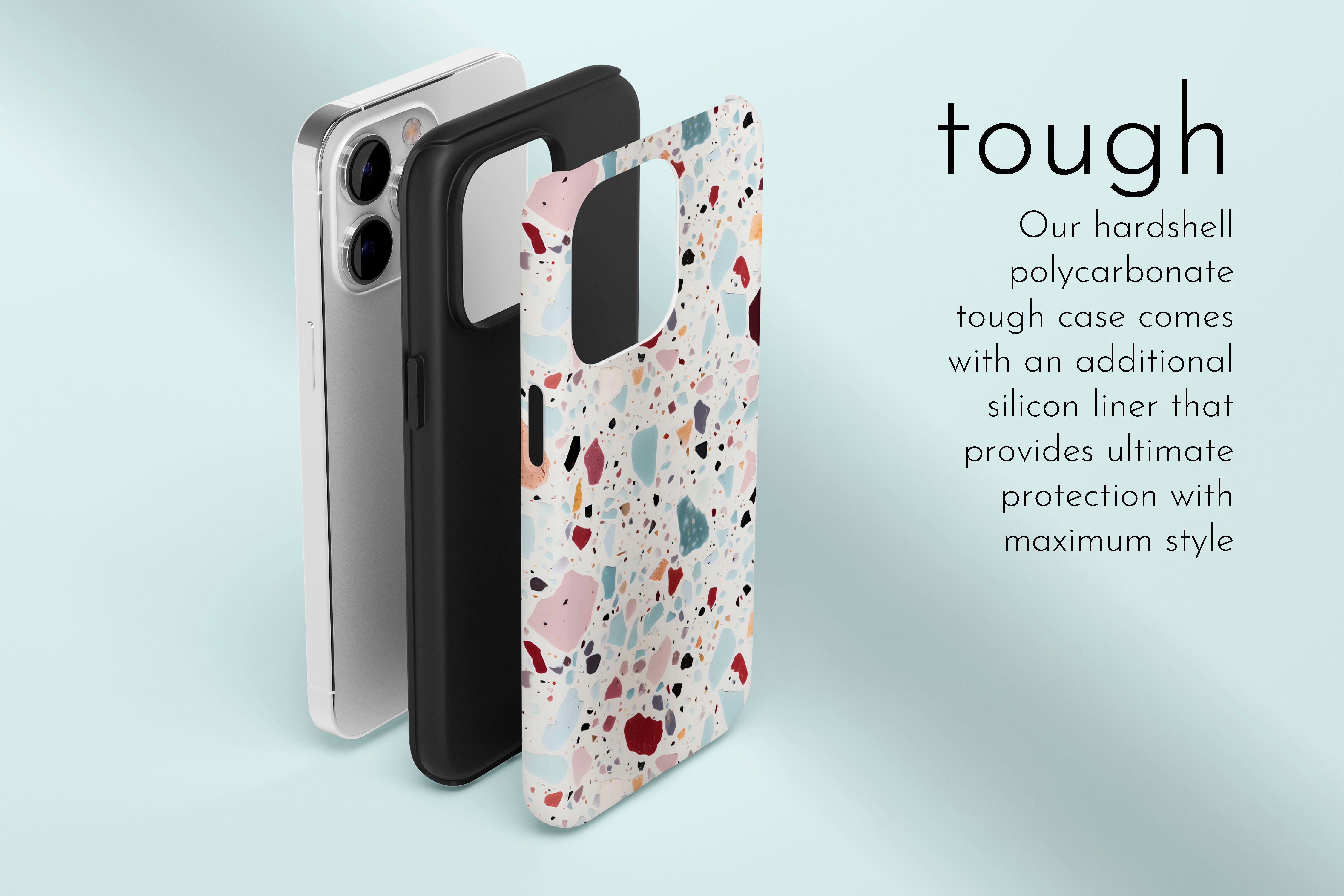 A graphic illustration of our Roman Bath design describing the main features of our tough type phone case