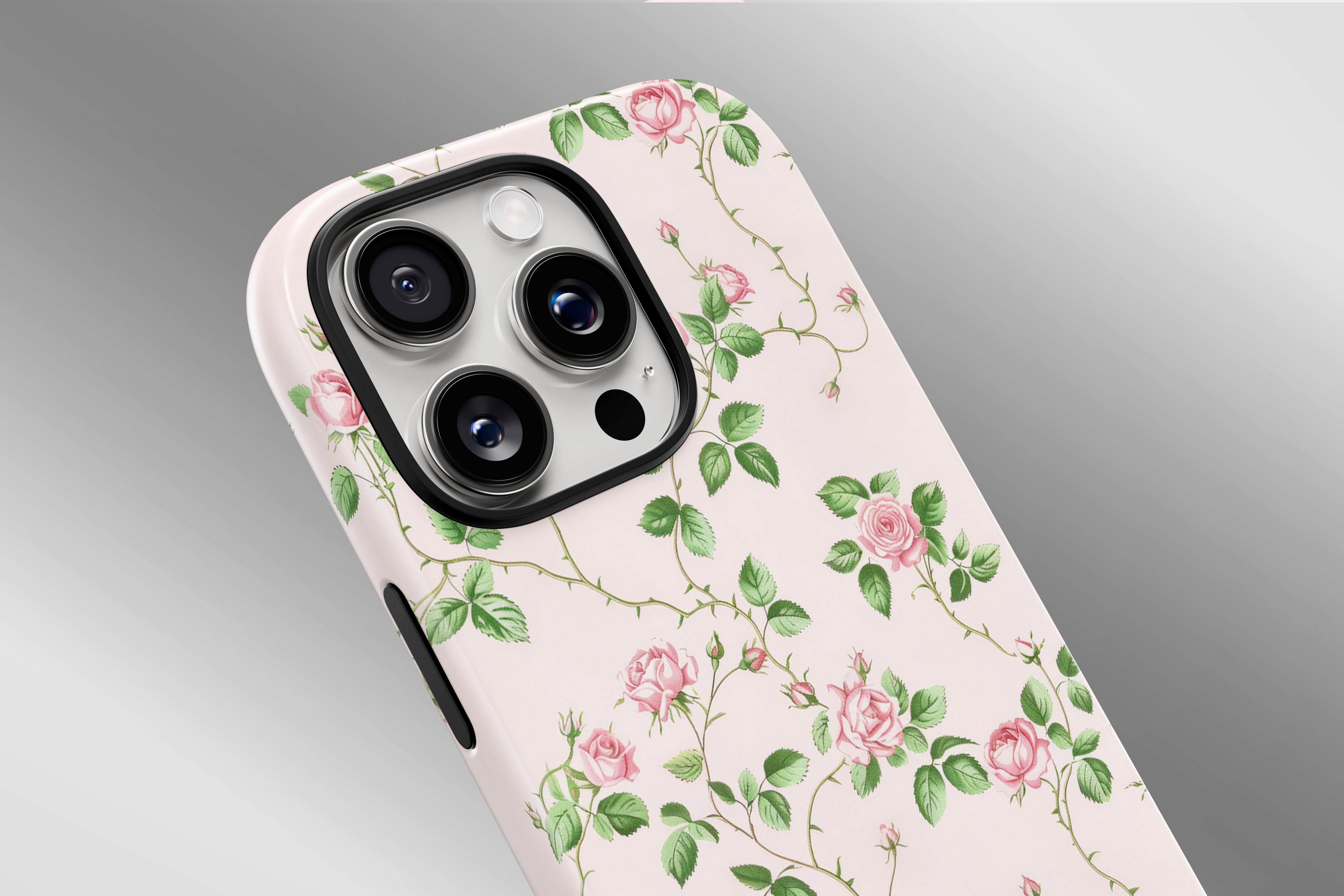 A close up image of a phone case featuring our Rose Bush design