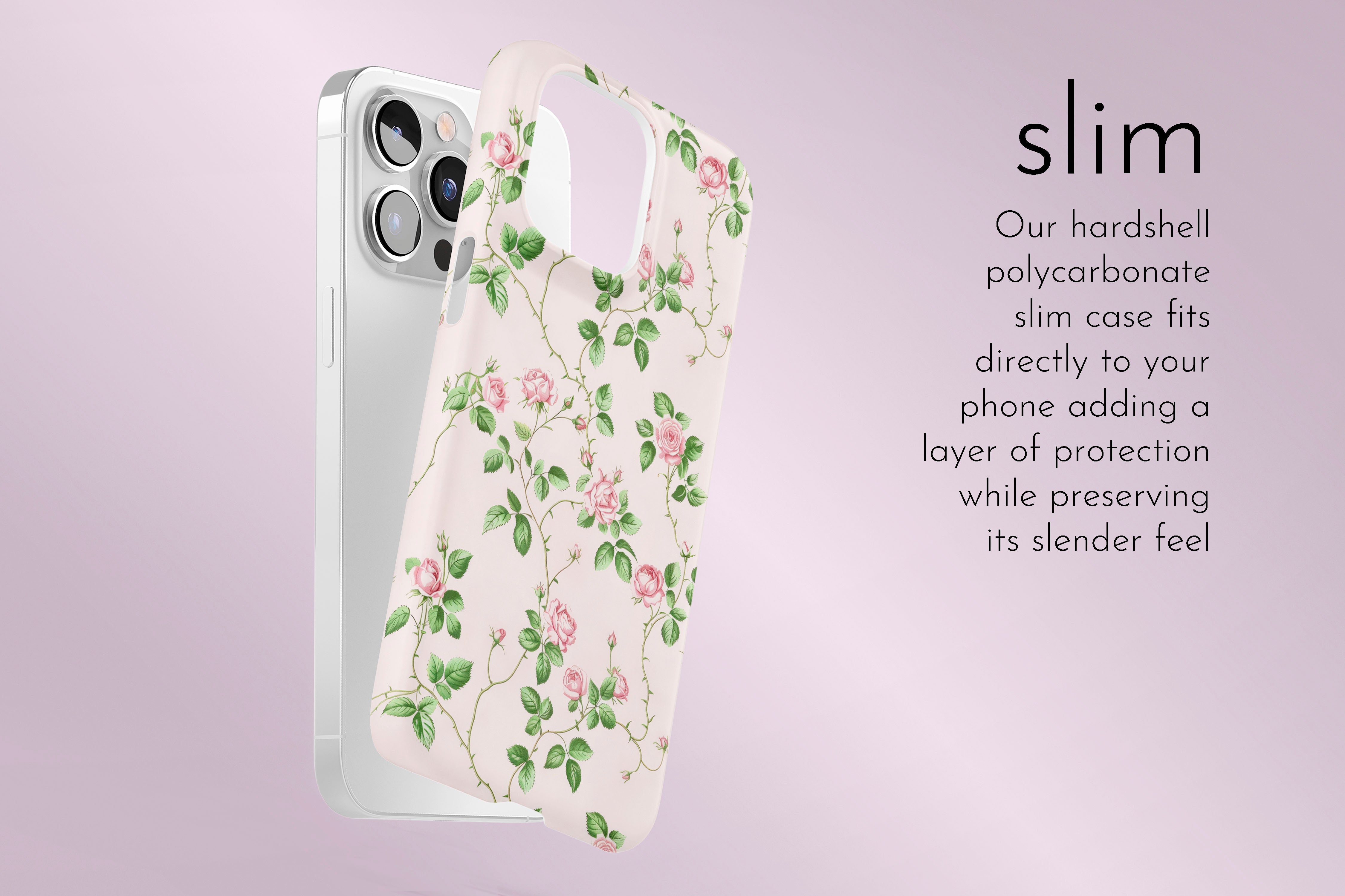 A graphic illustration of our Rose Bush design describing the main features of our slim type phone case