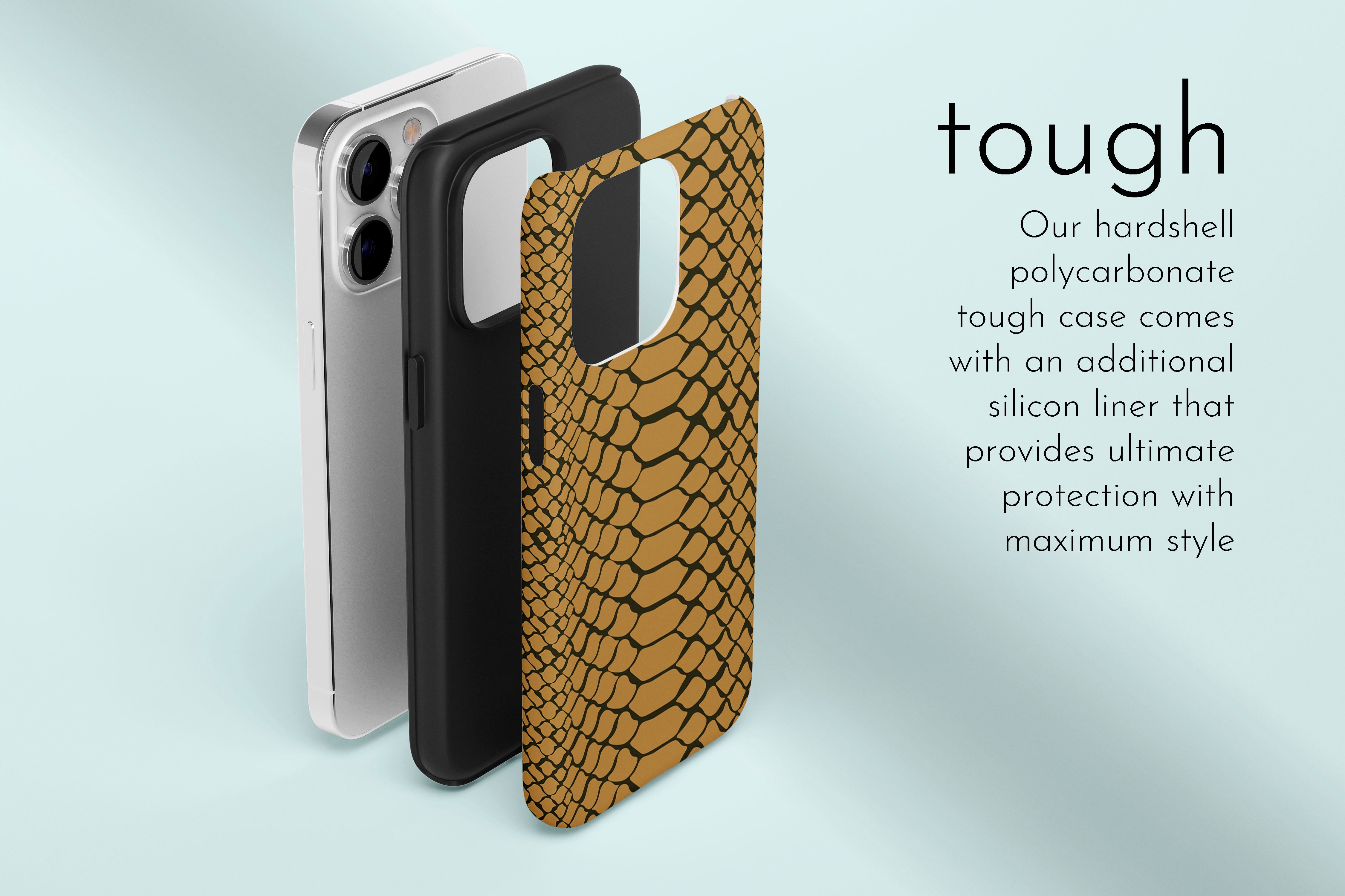 A graphic illustration of our Scaled Up design describing the main features of our tough type phone case
