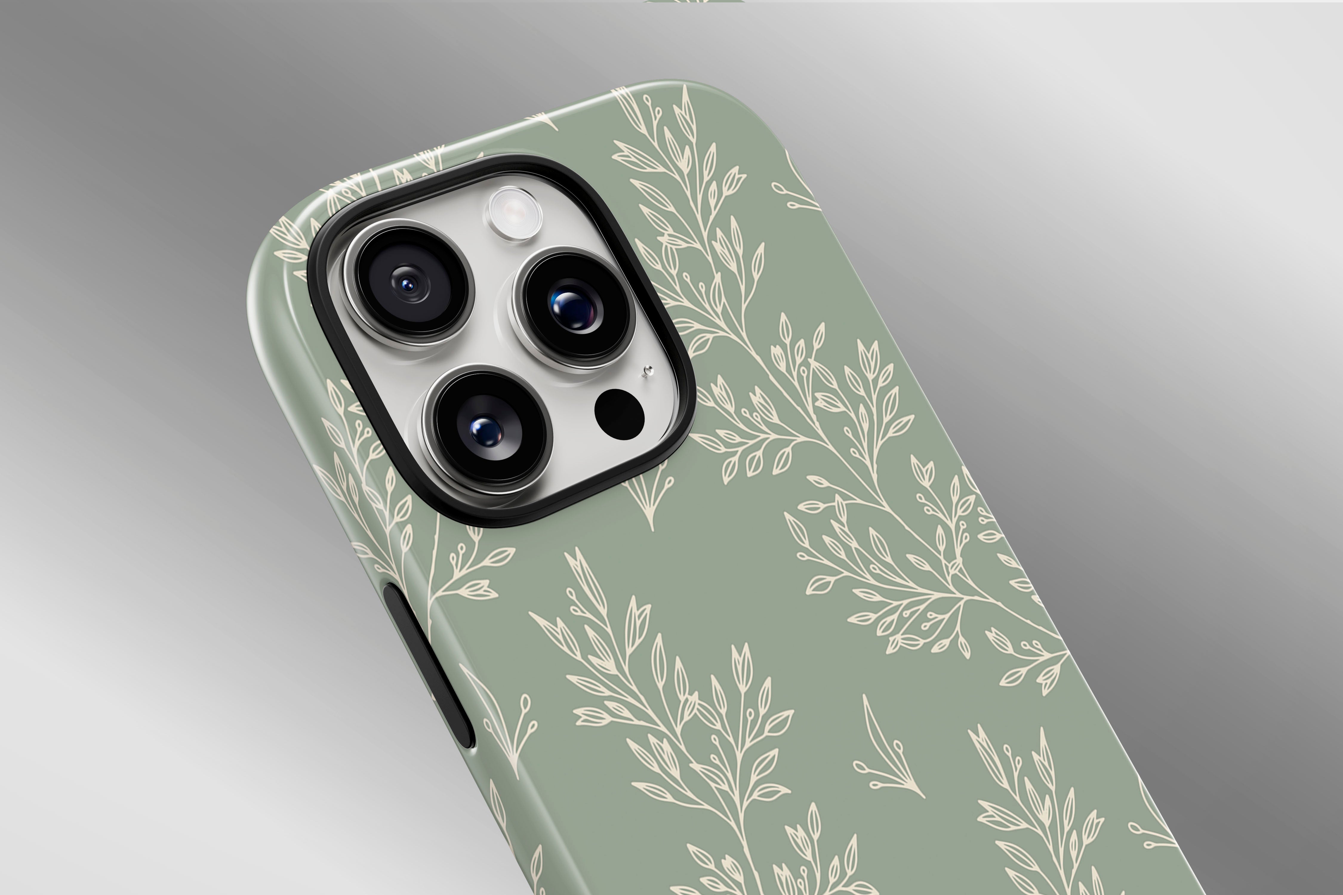 A close up image of a phone case featuring our Soft Green design