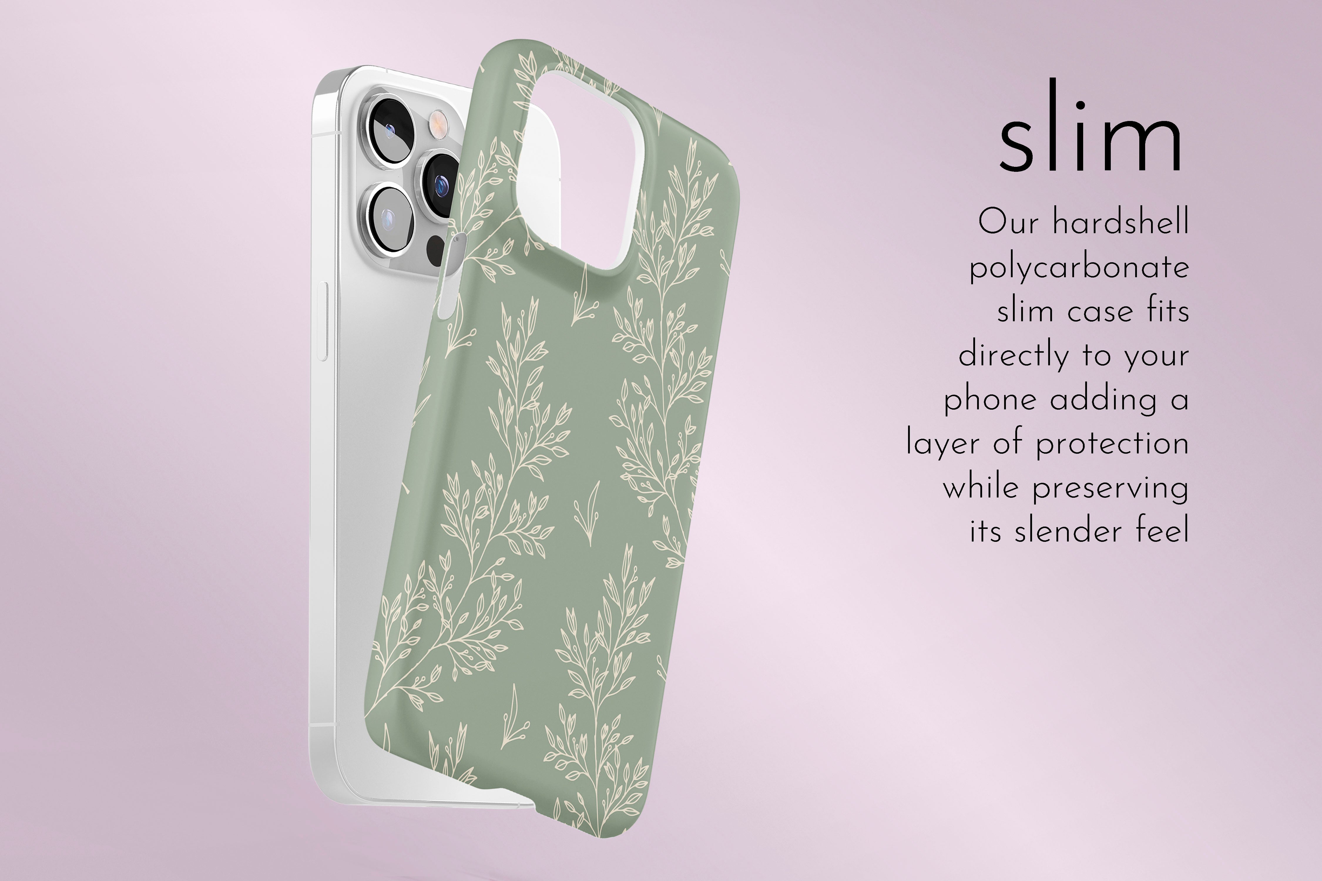 A graphic illustration of our Soft Green design describing the main features of our slim type phone case