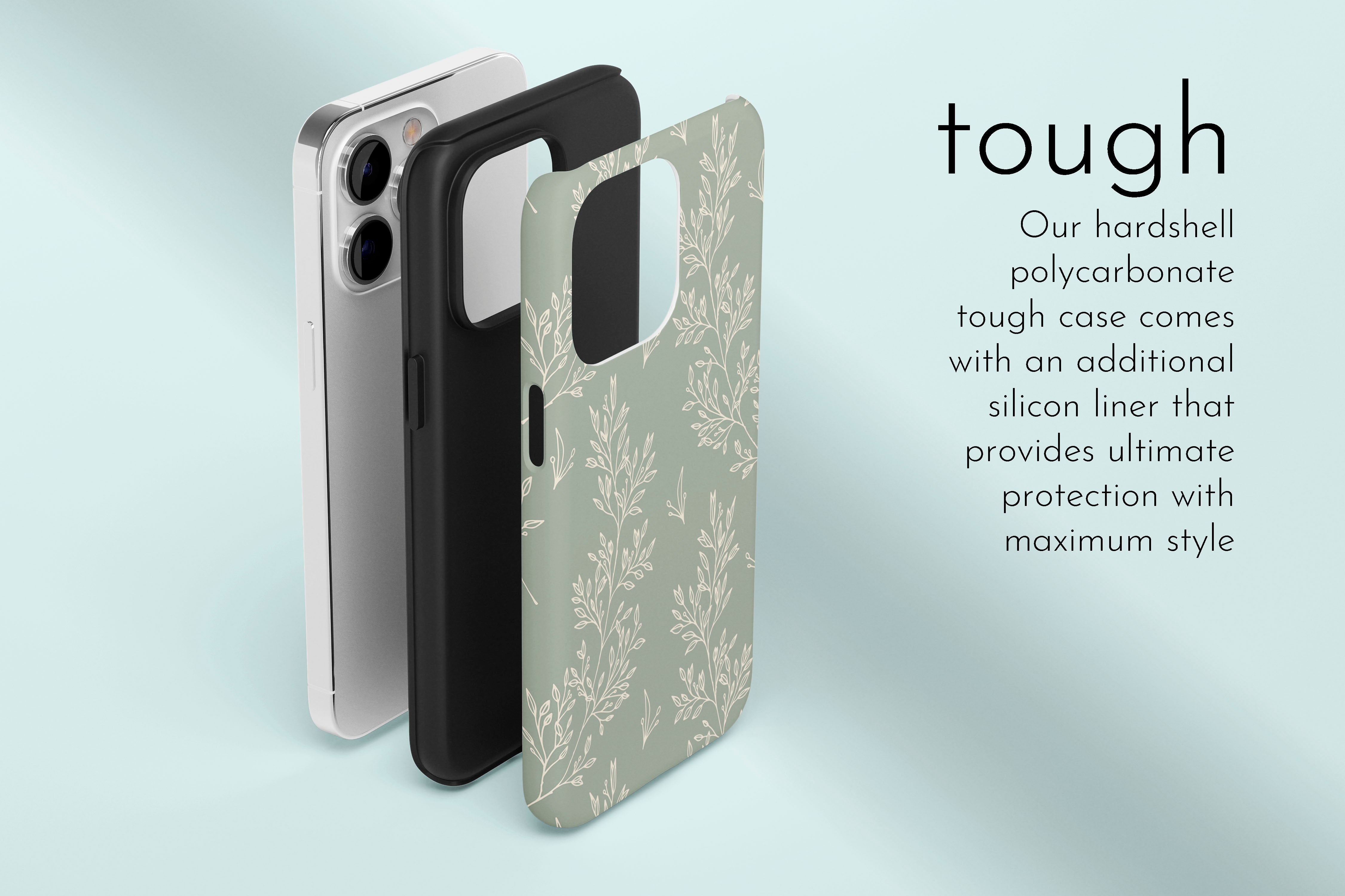 A graphic illustration of our Soft Green design describing the main features of our tough type phone case