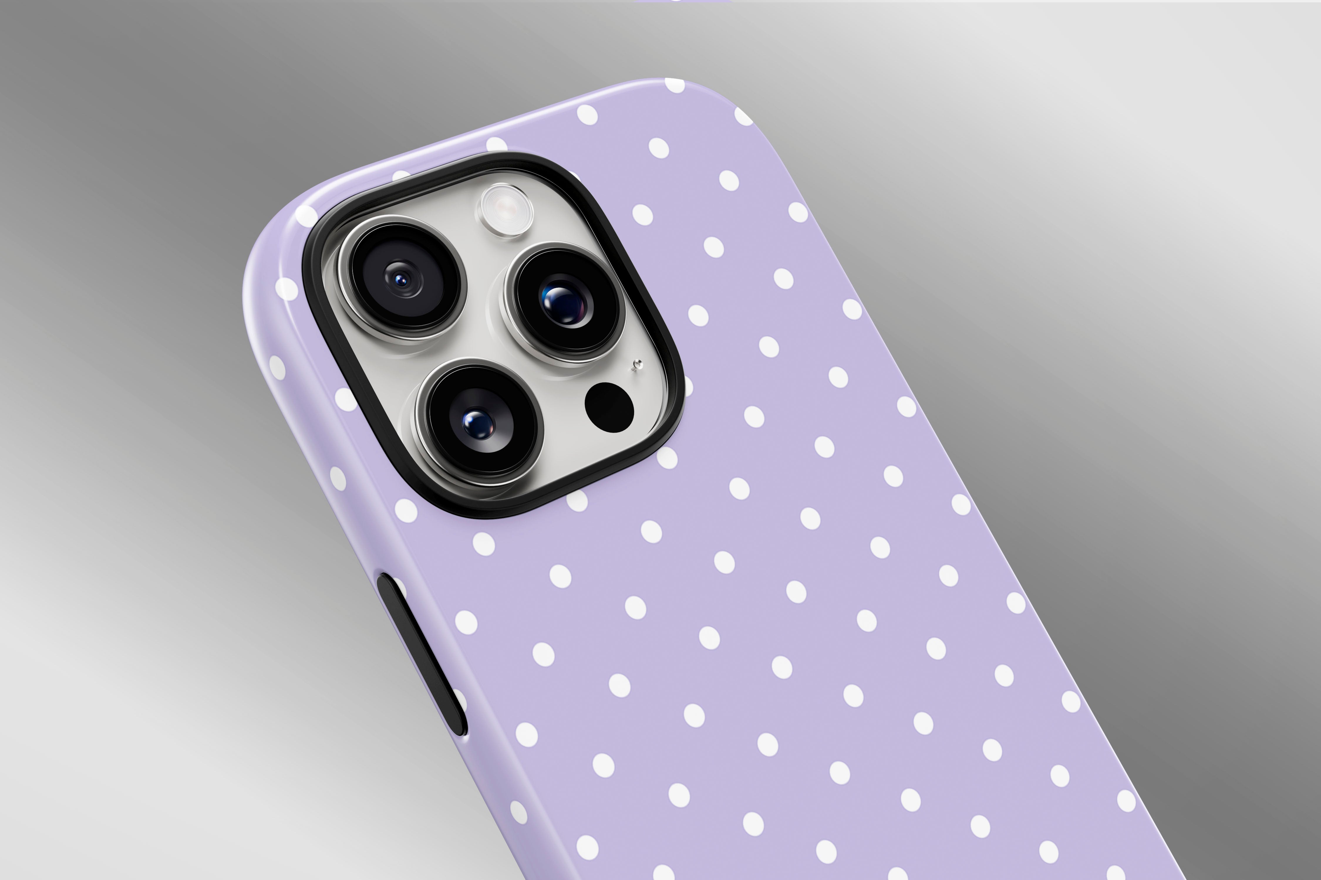 A close up image of a phone case featuring our Spotted Lilac design