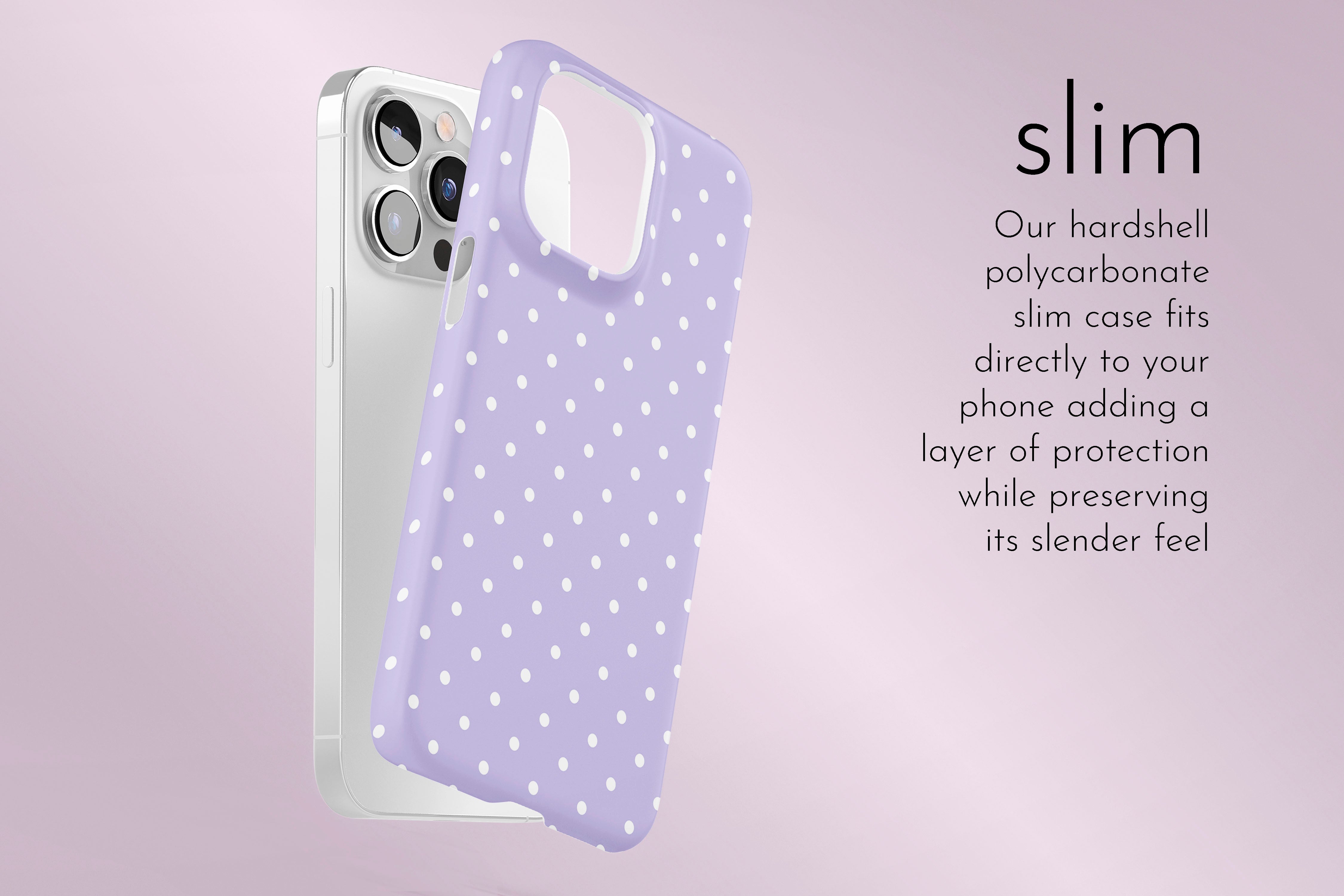 A graphic illustration of our Spotted Lilac design describing the main features of our slim type phone case