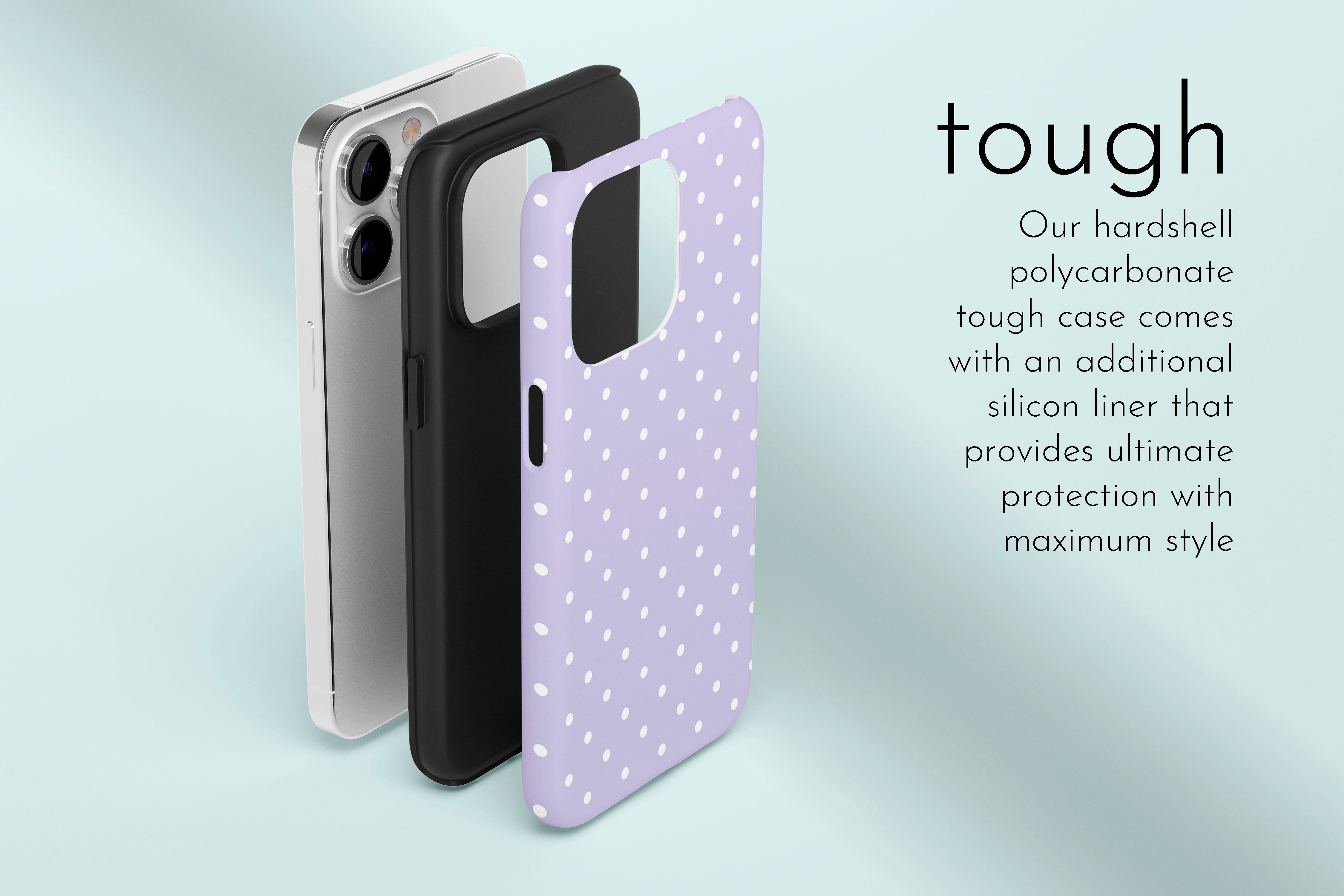 A graphic illustration of our Spotted Lilac design describing the main features of our tough type phone case