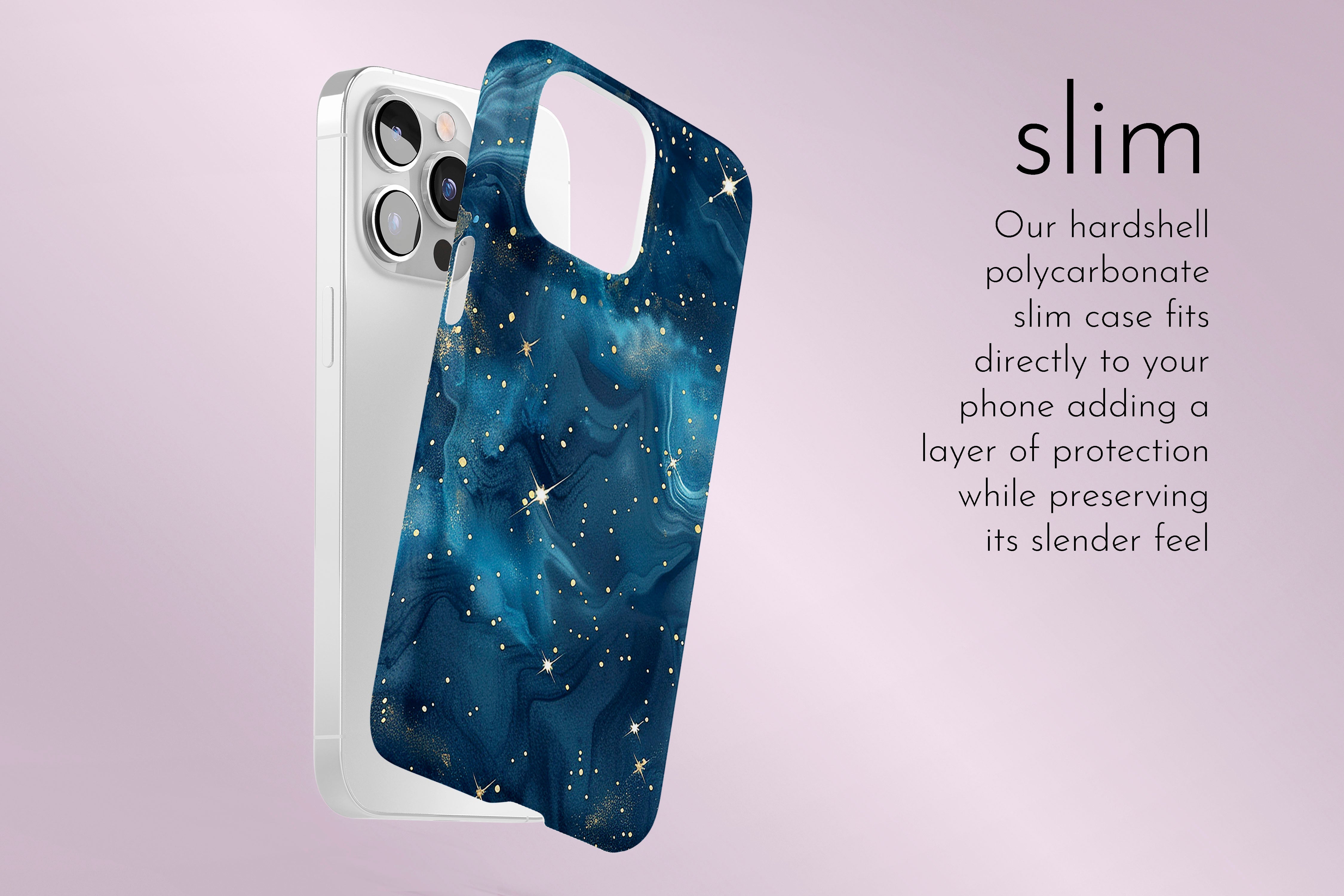 A graphic illustration of our Starry Night design describing the main features of our slim type phone case