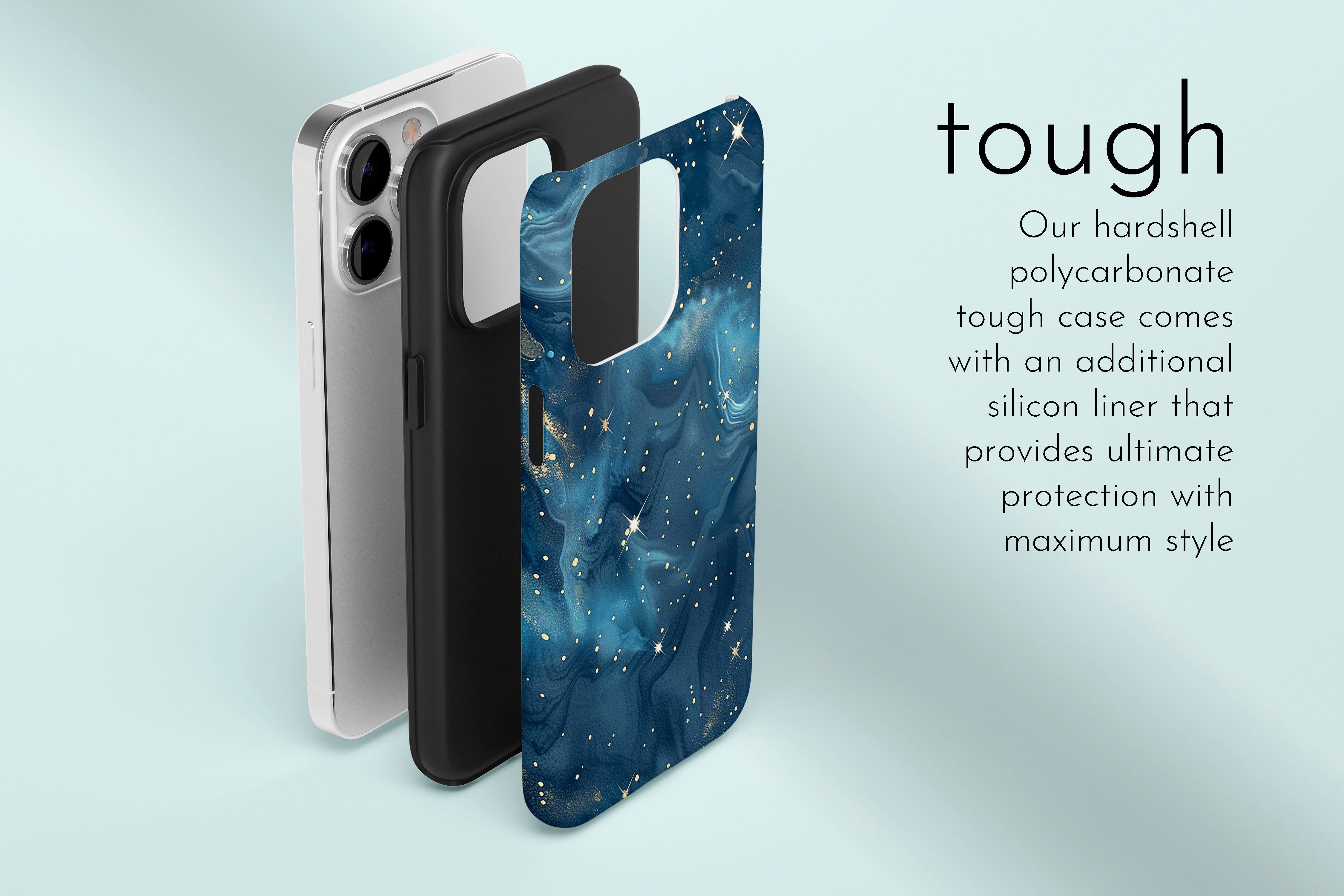 A graphic illustration of our Starry Night design describing the main features of our tough type phone case