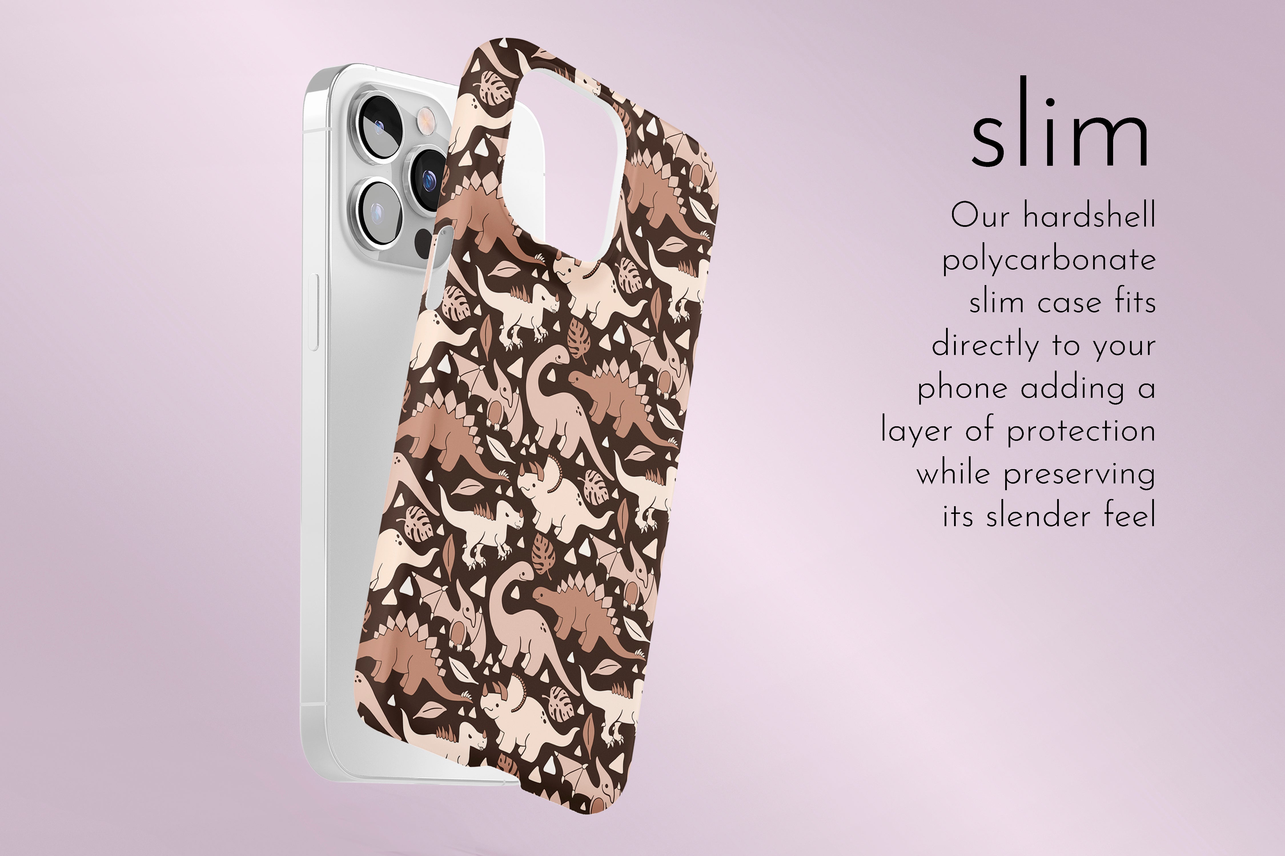 A graphic illustration of our Subtle Dino design describing the main features of our slim type phone case