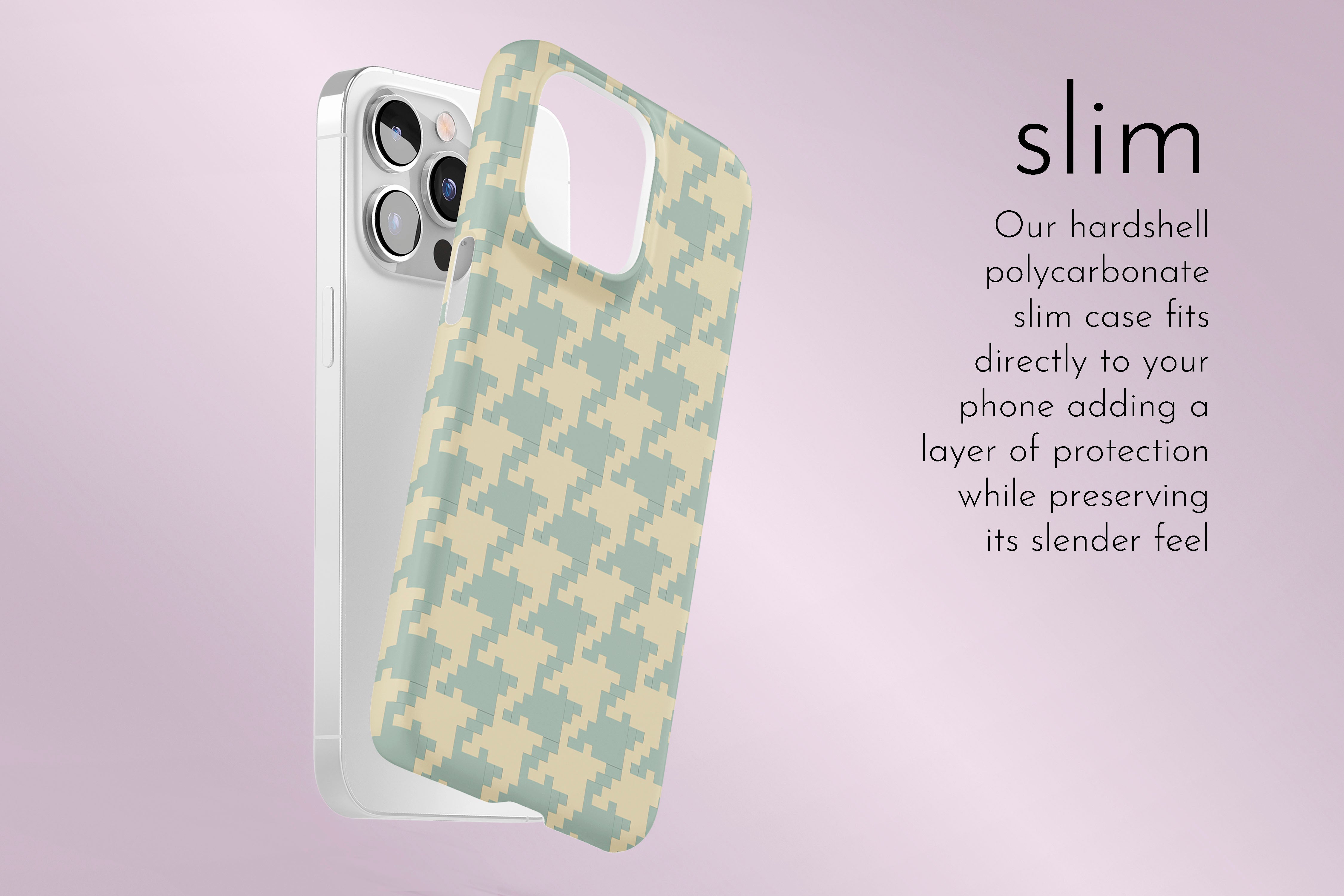 A graphic illustration of our Subtle Houndstooth design describing the main features of our slim type phone case