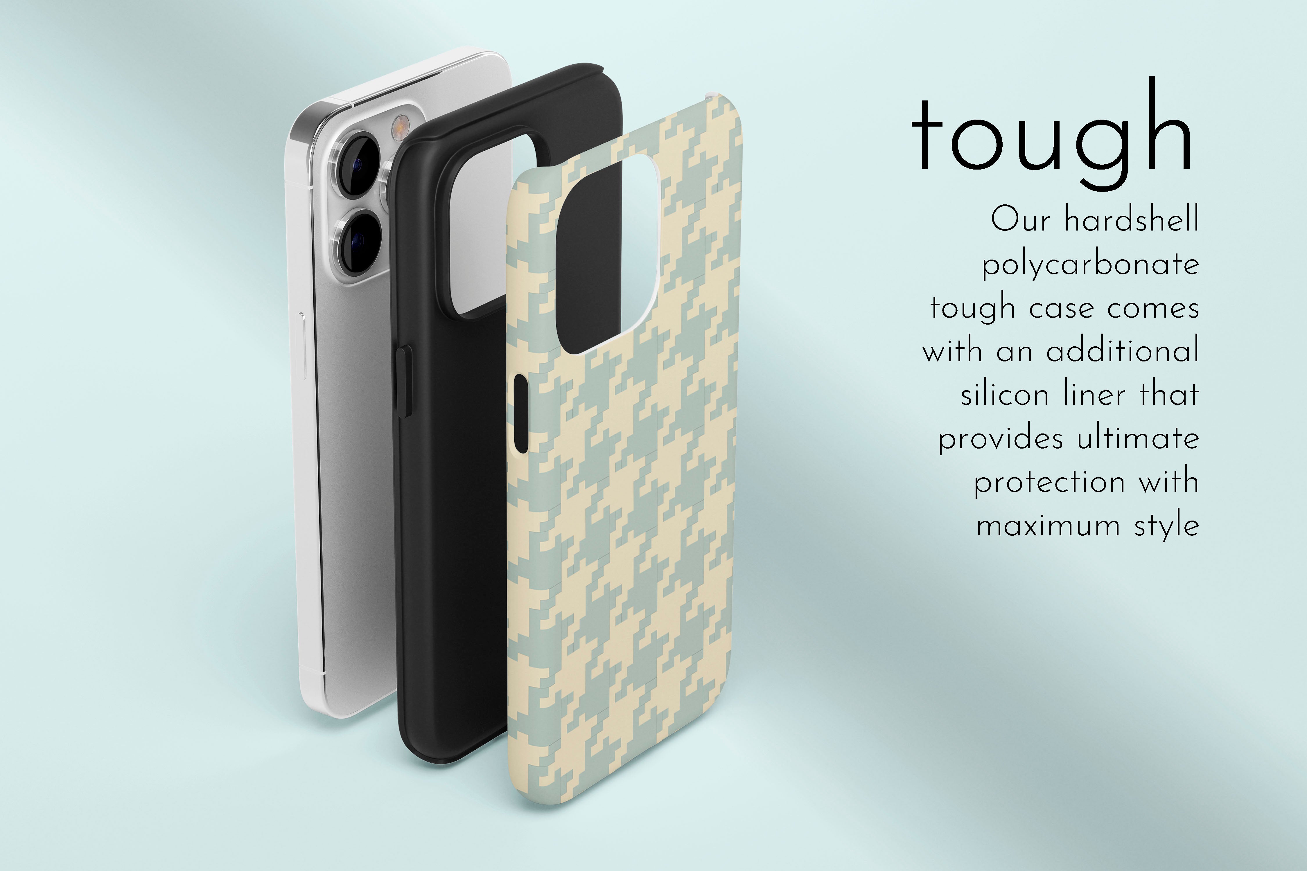 A graphic illustration of our Subtle Houndstooth design describing the main features of our tough type phone case