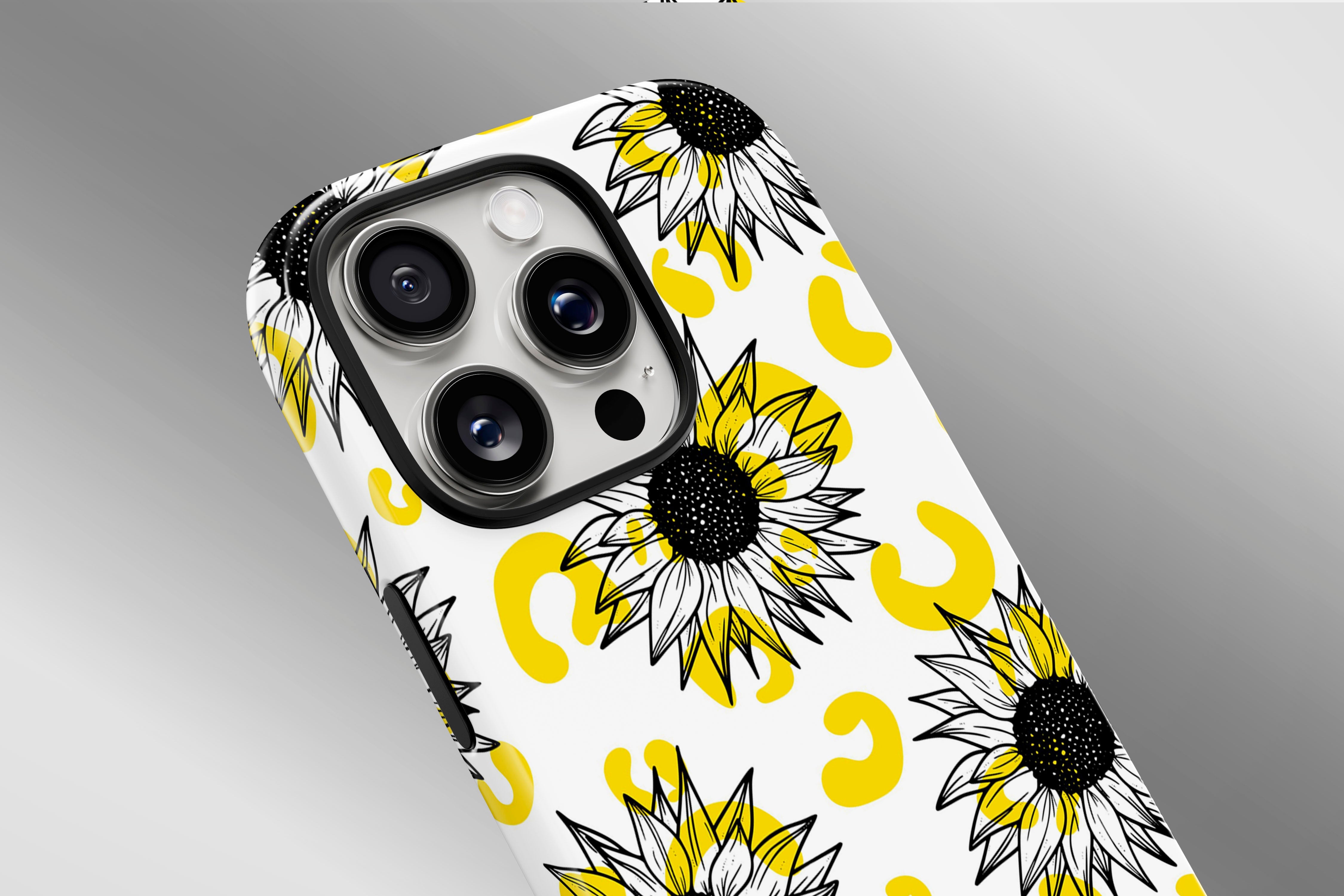 A close up image of a phone case featuring our Sunflowers design