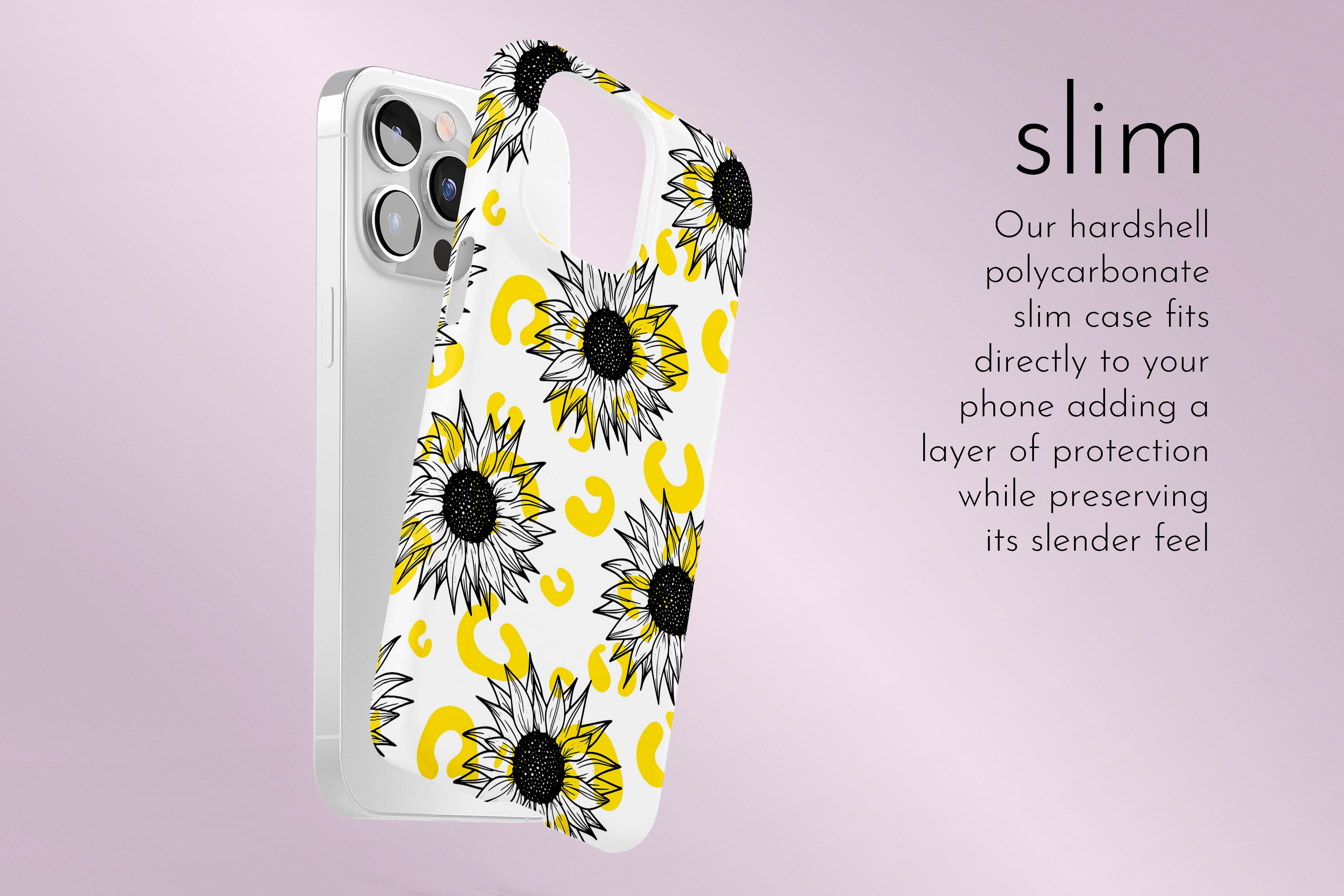 A graphic illustration of our Sunflowers design describing the main features of our slim type phone case