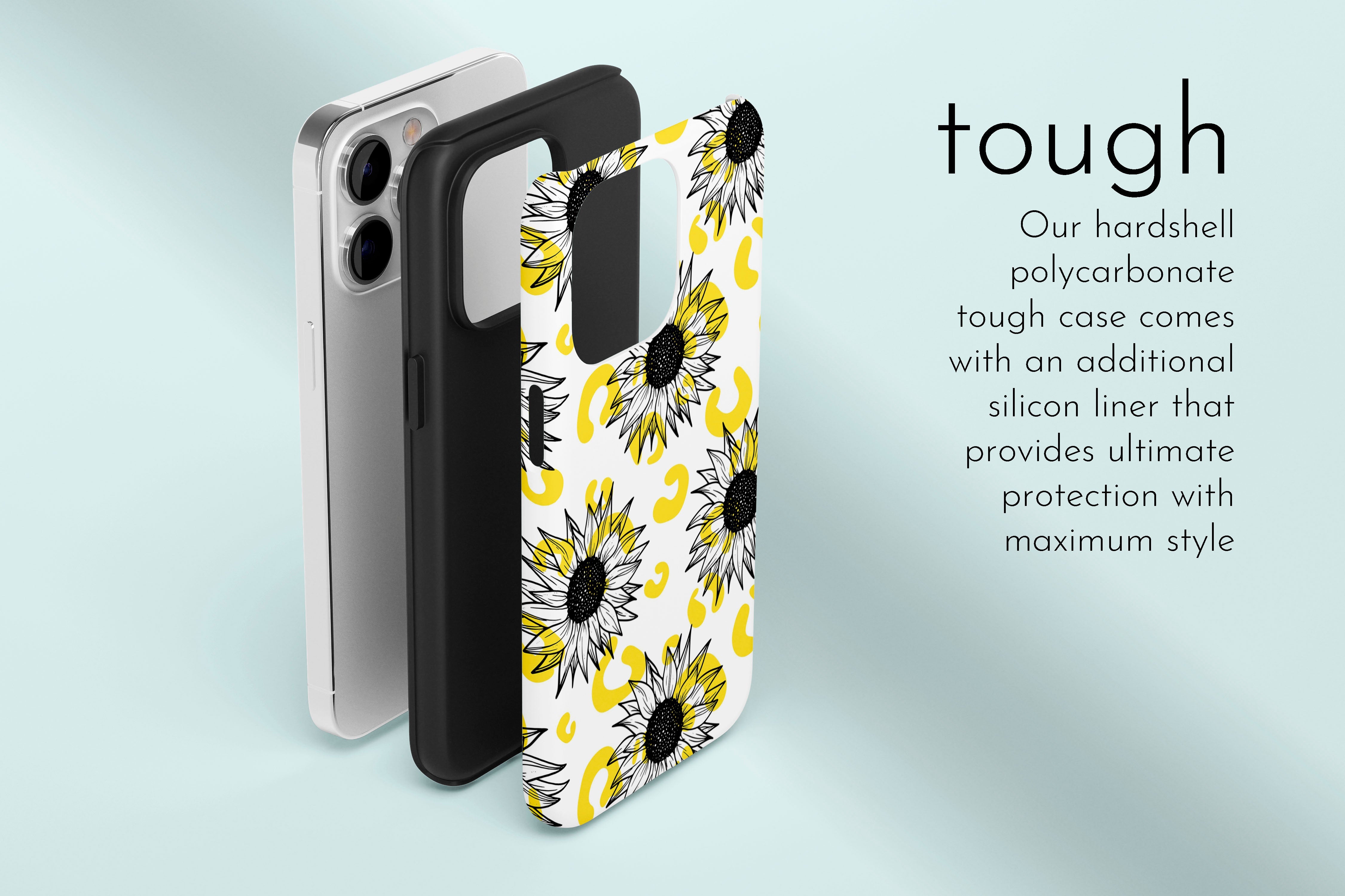 A graphic illustration of our Sunflowers design describing the main features of our tough type phone case