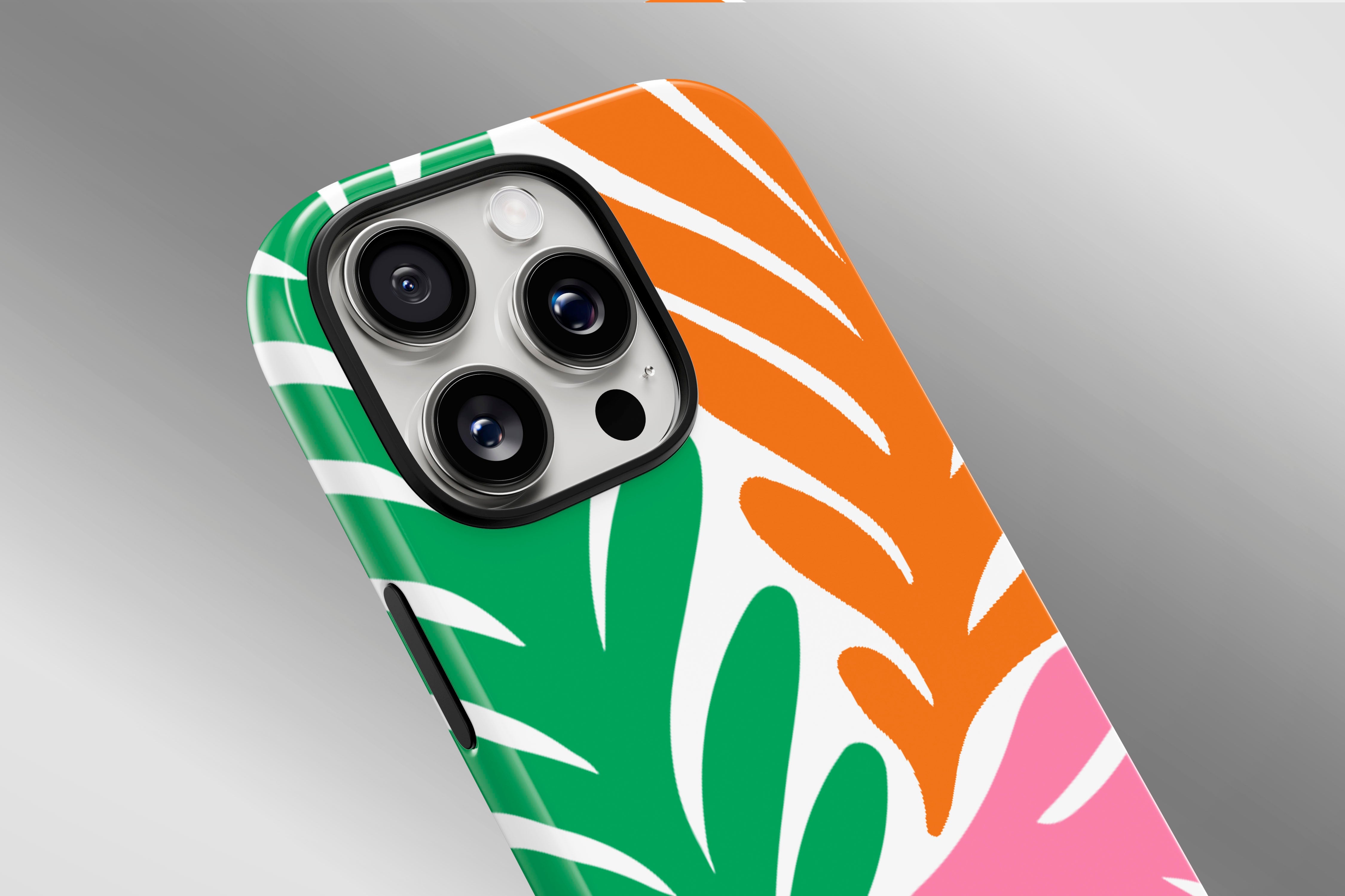 A close up image of a phone case featuring our Sunset Palm design