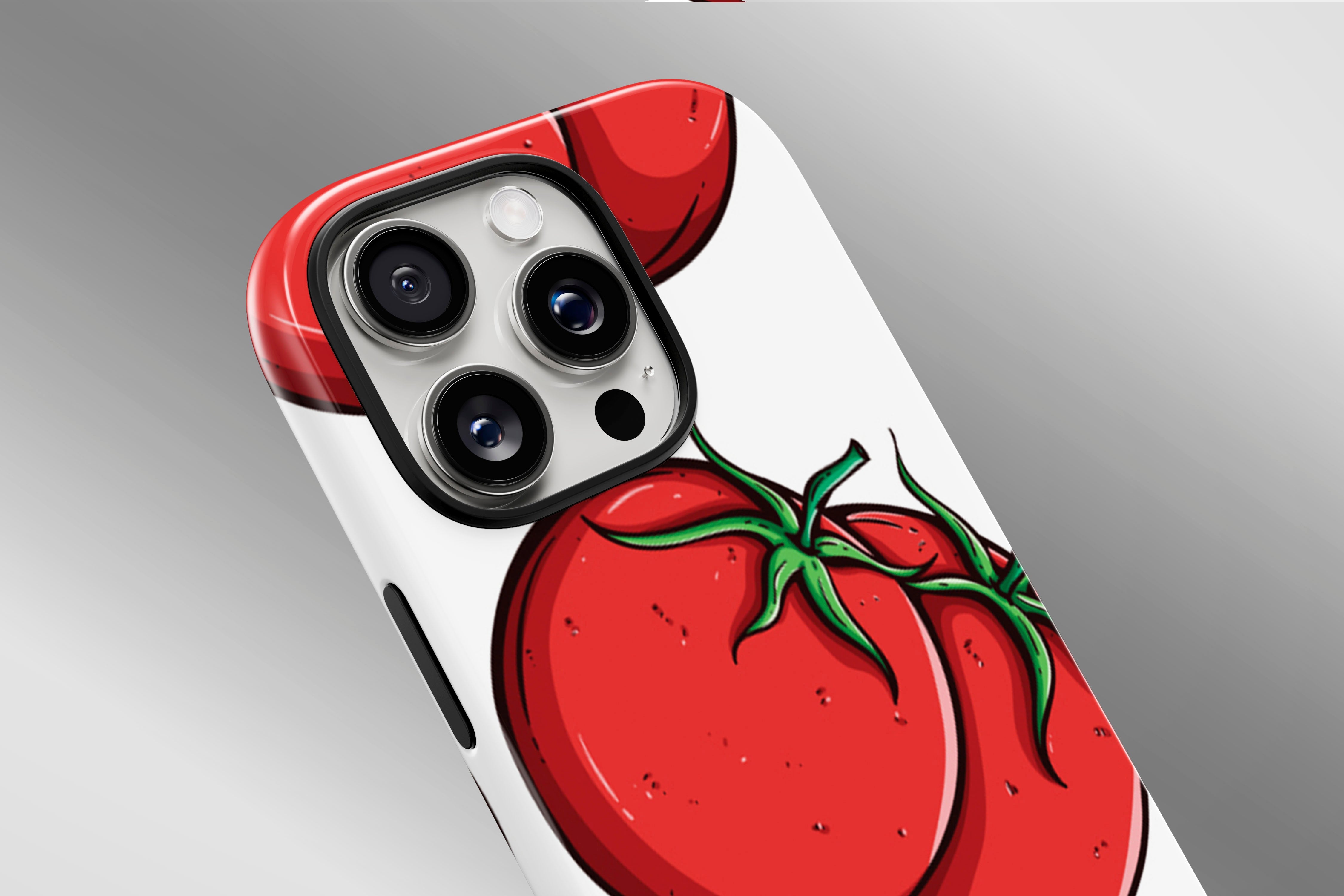 A close up image of a phone case featuring our Tomatoes design