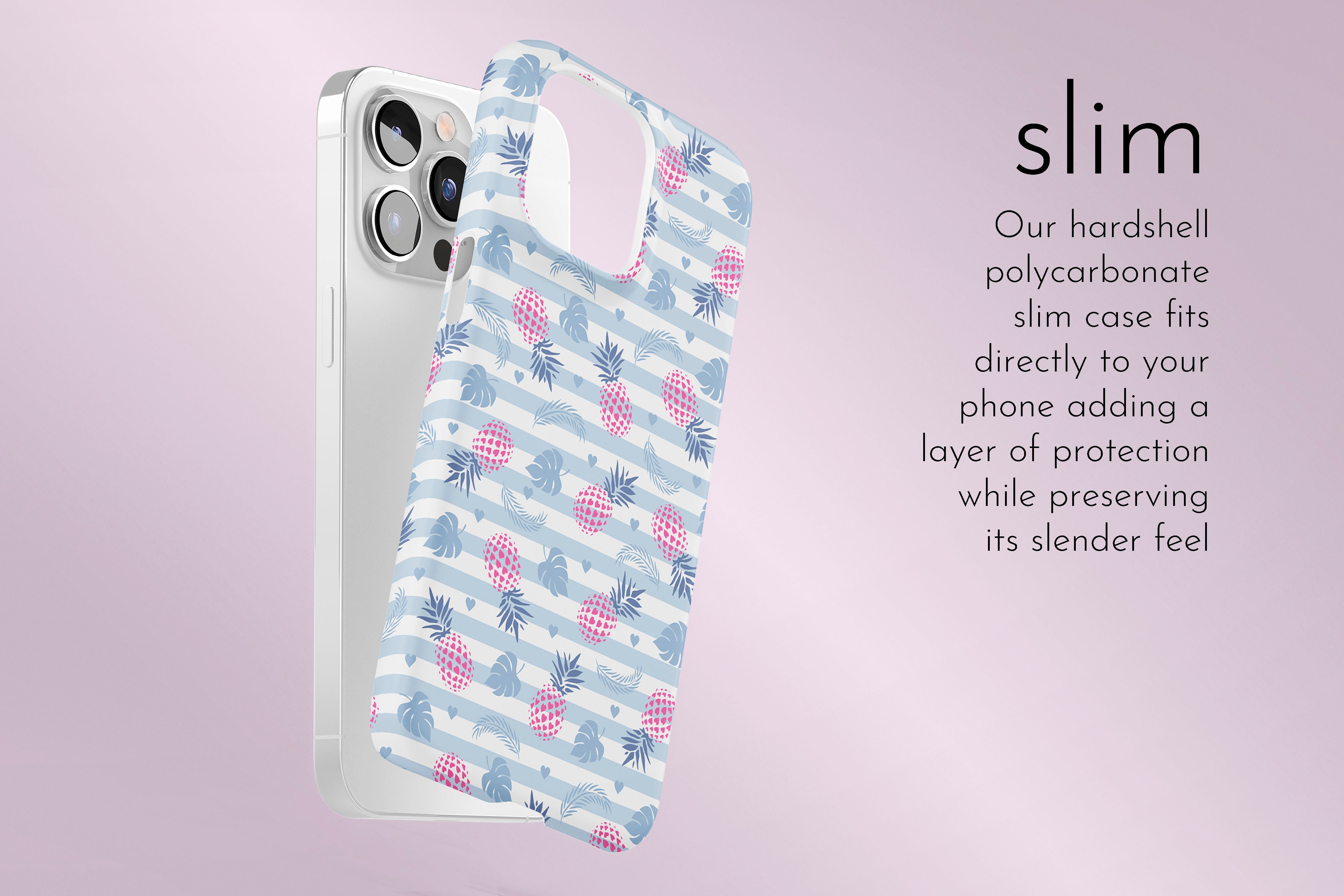A graphic illustration of our Tropical Taste design describing the main features of our slim type phone case