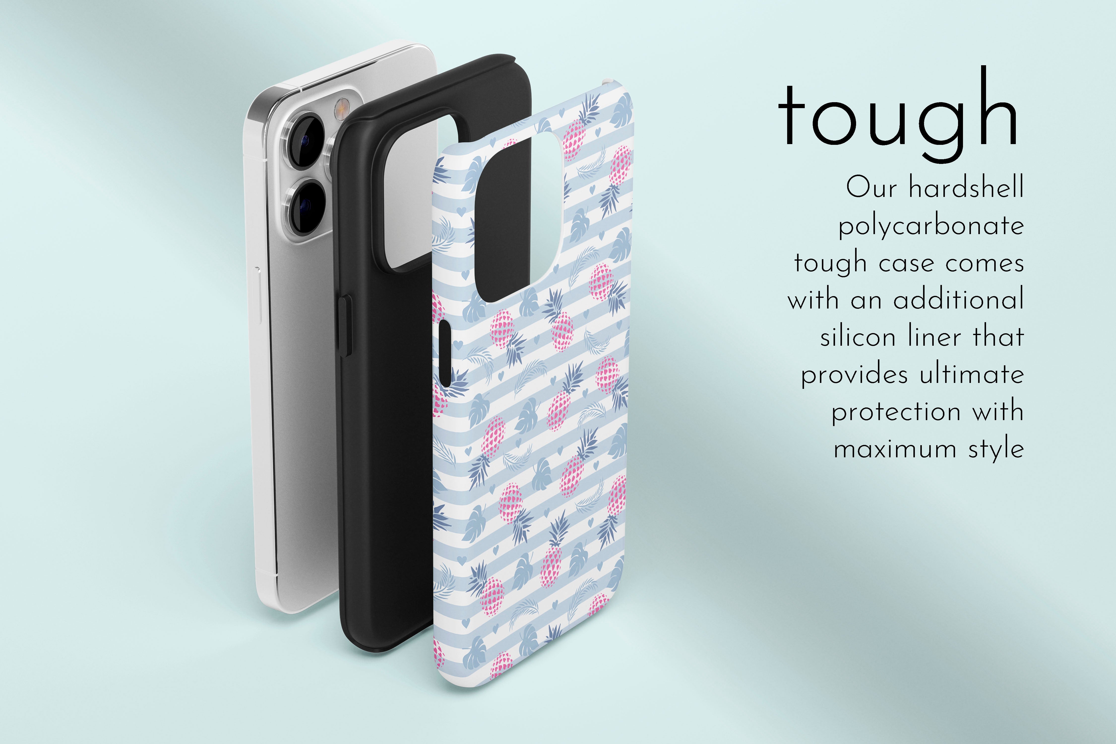 A graphic illustration of our Tropical Taste design describing the main features of our tough type phone case