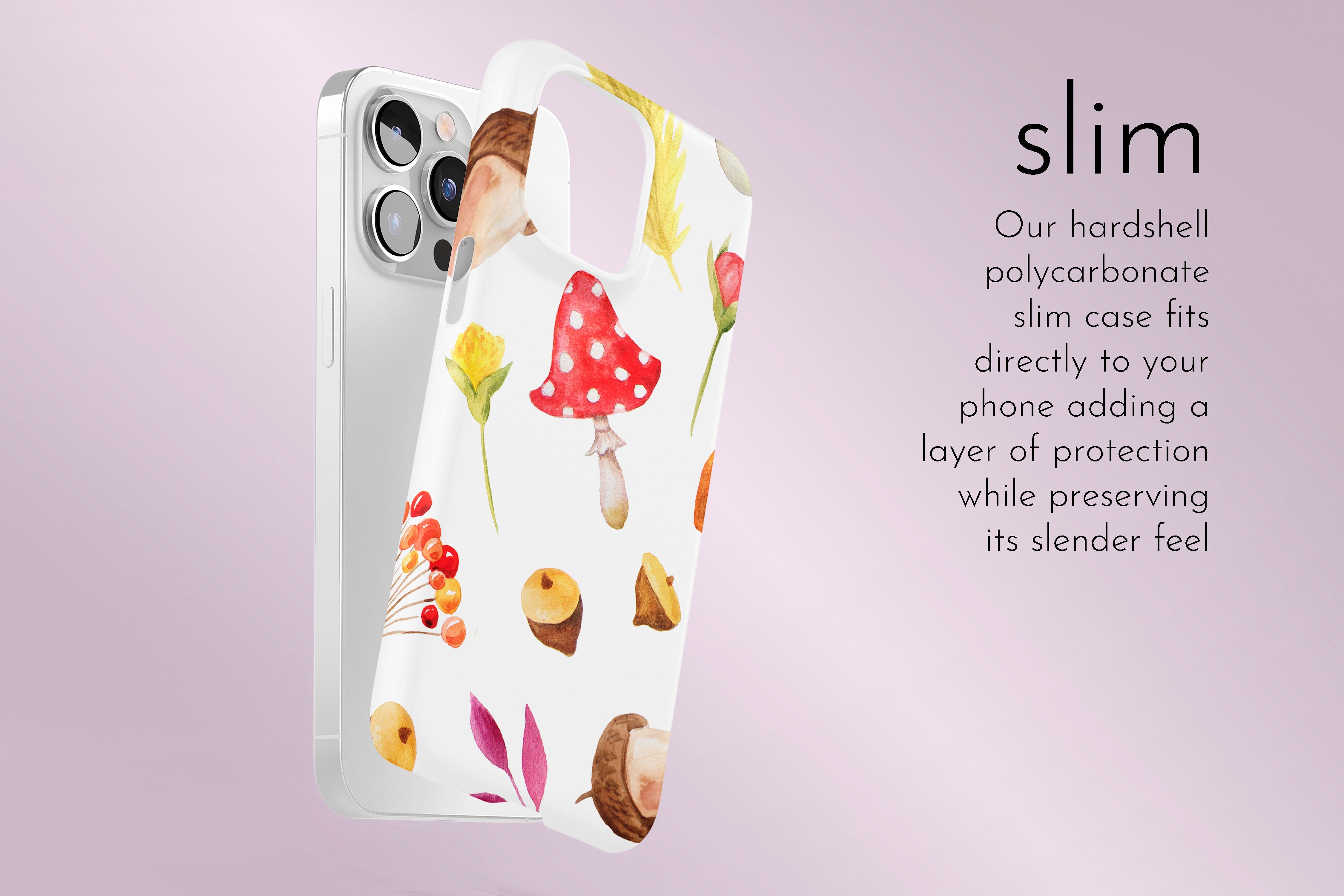 A graphic illustration of our Watercolour Autumn design describing the main features of our slim type phone case