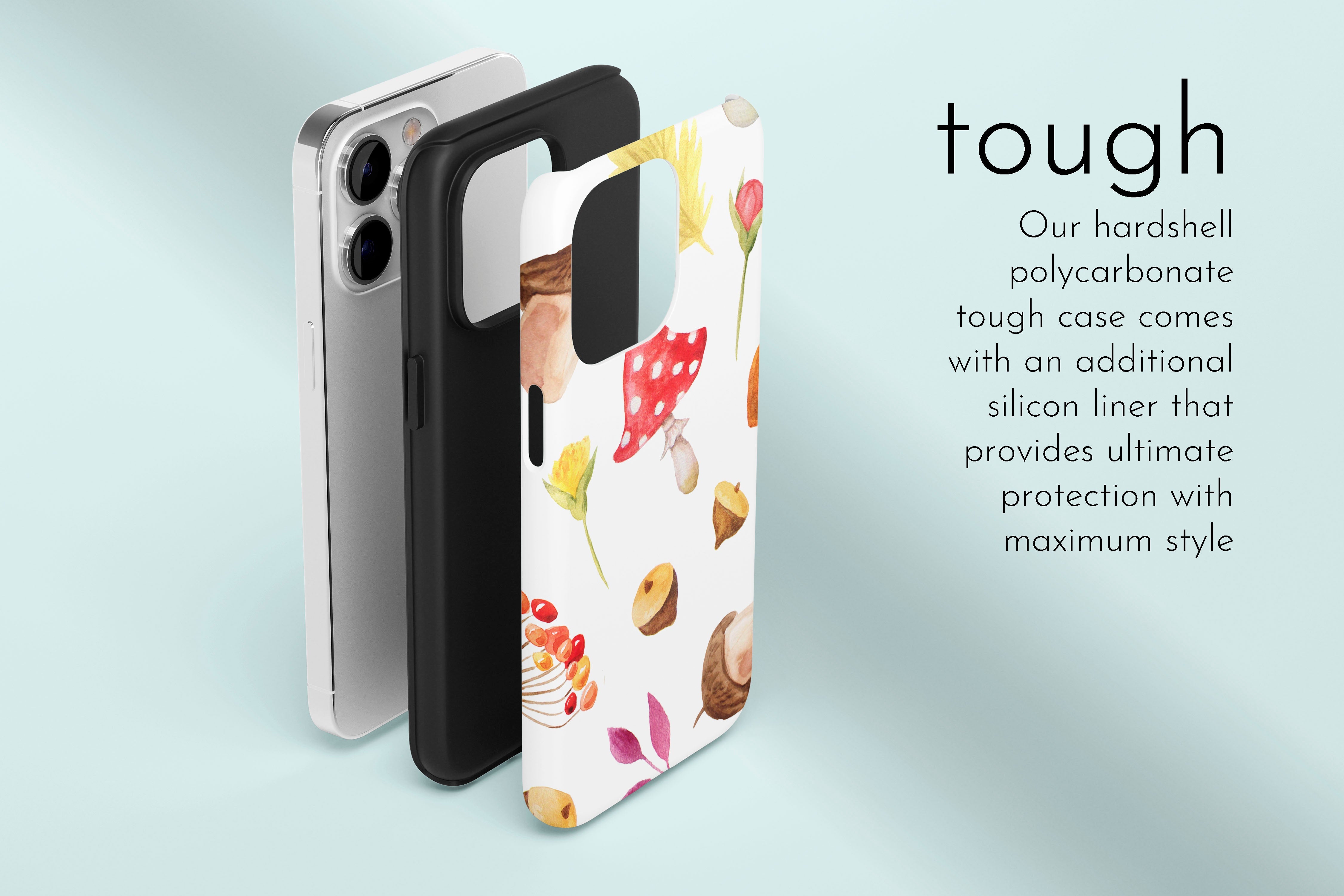 A graphic illustration of our Watercolour Autumn design describing the main features of our tough type phone case