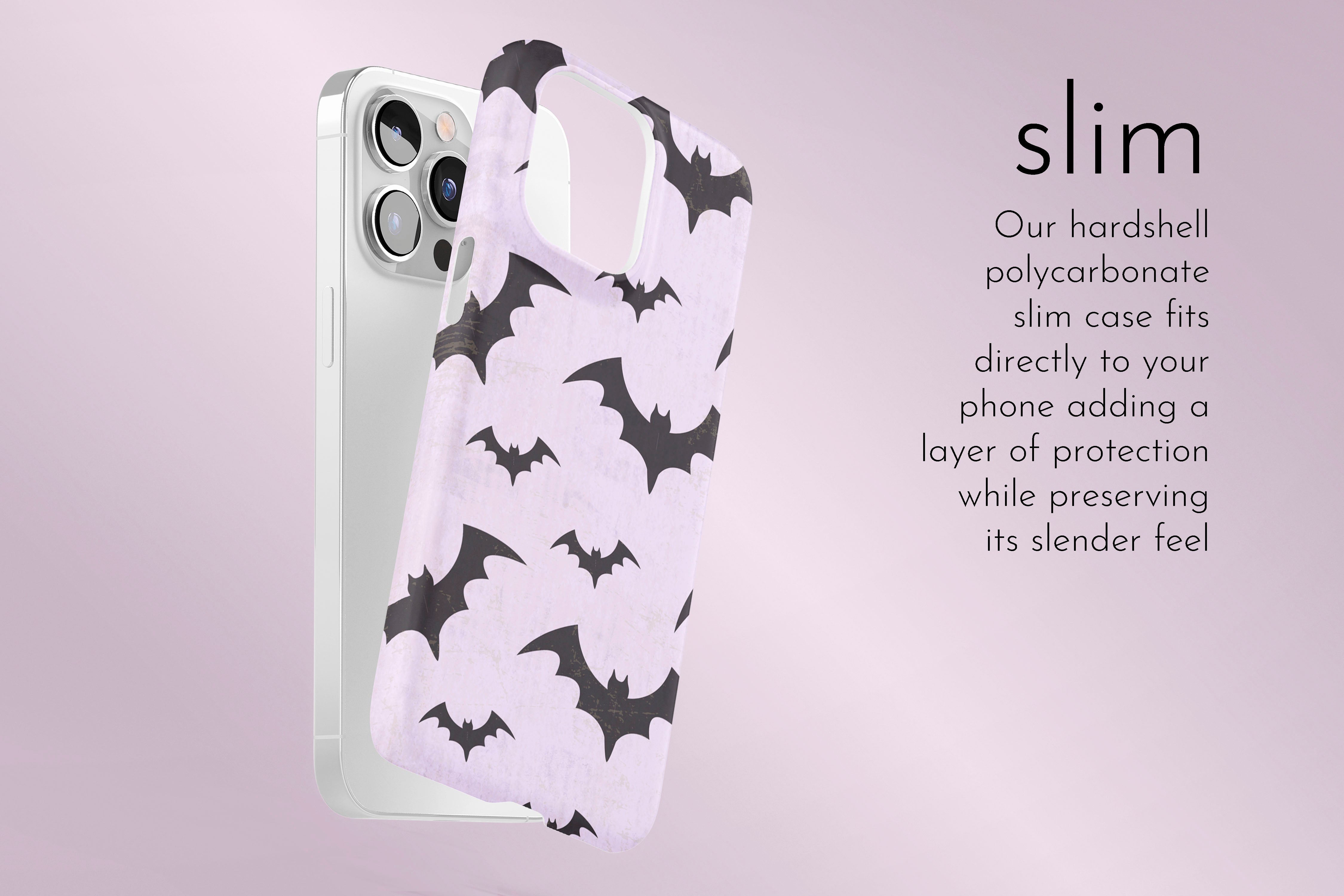 A graphic illustration of our Watercolour Bats design describing the main features of our slim type phone case