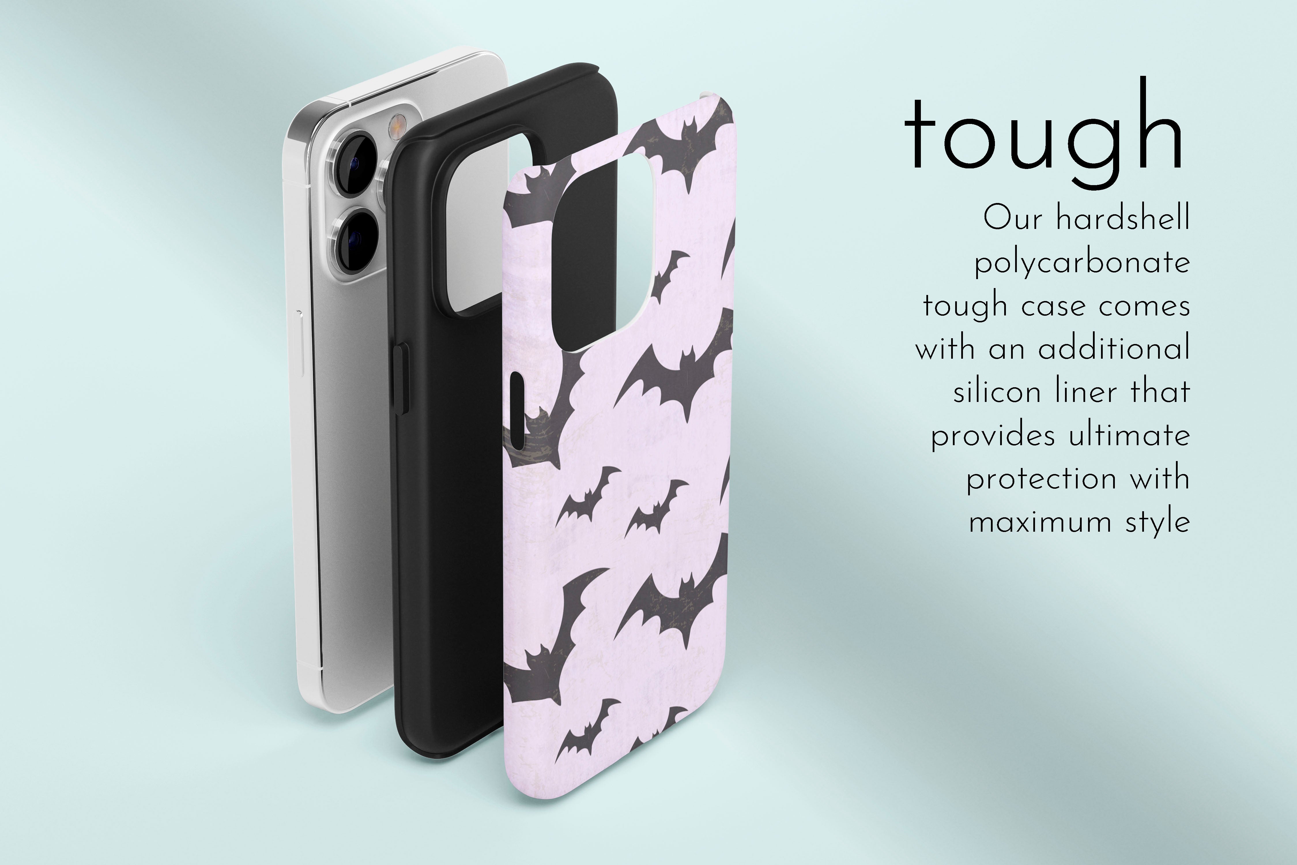 A graphic illustration of our Watercolour Bats design describing the main features of our tough type phone case