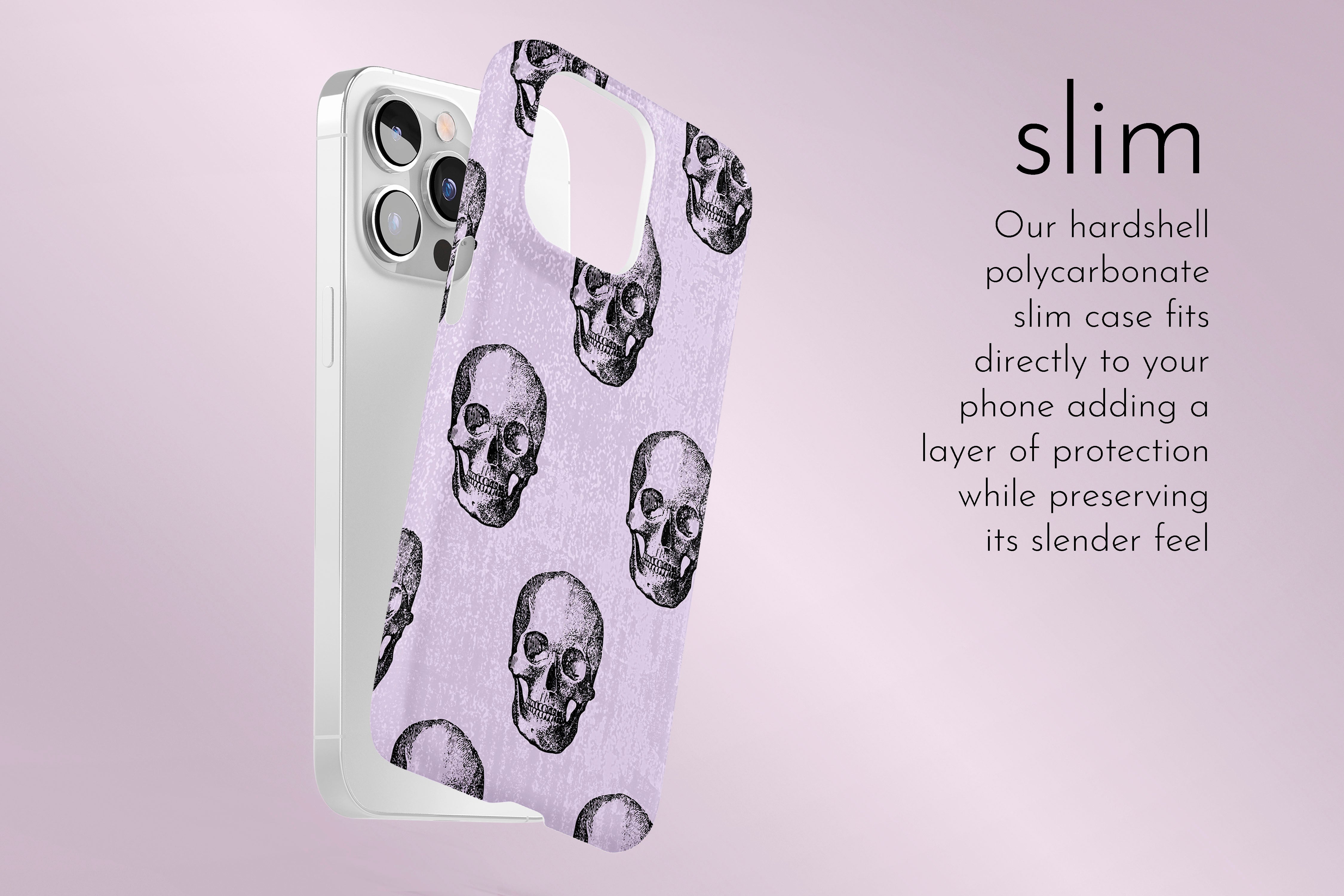 A graphic illustration of our Watercolour Skull design describing the main features of our slim type phone case