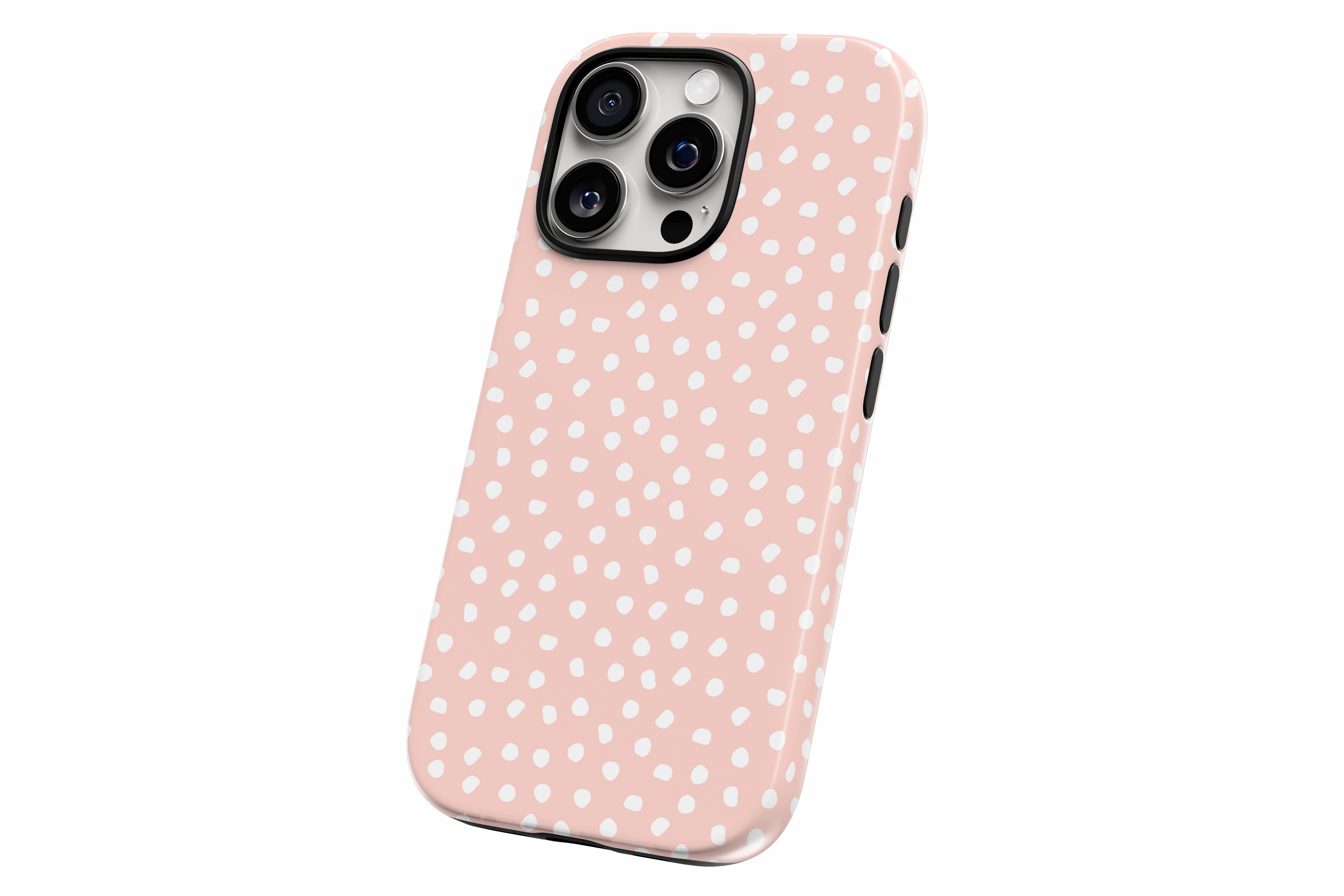 Another product image featuring our White Bits design showing the product from a slight side angle on a white background