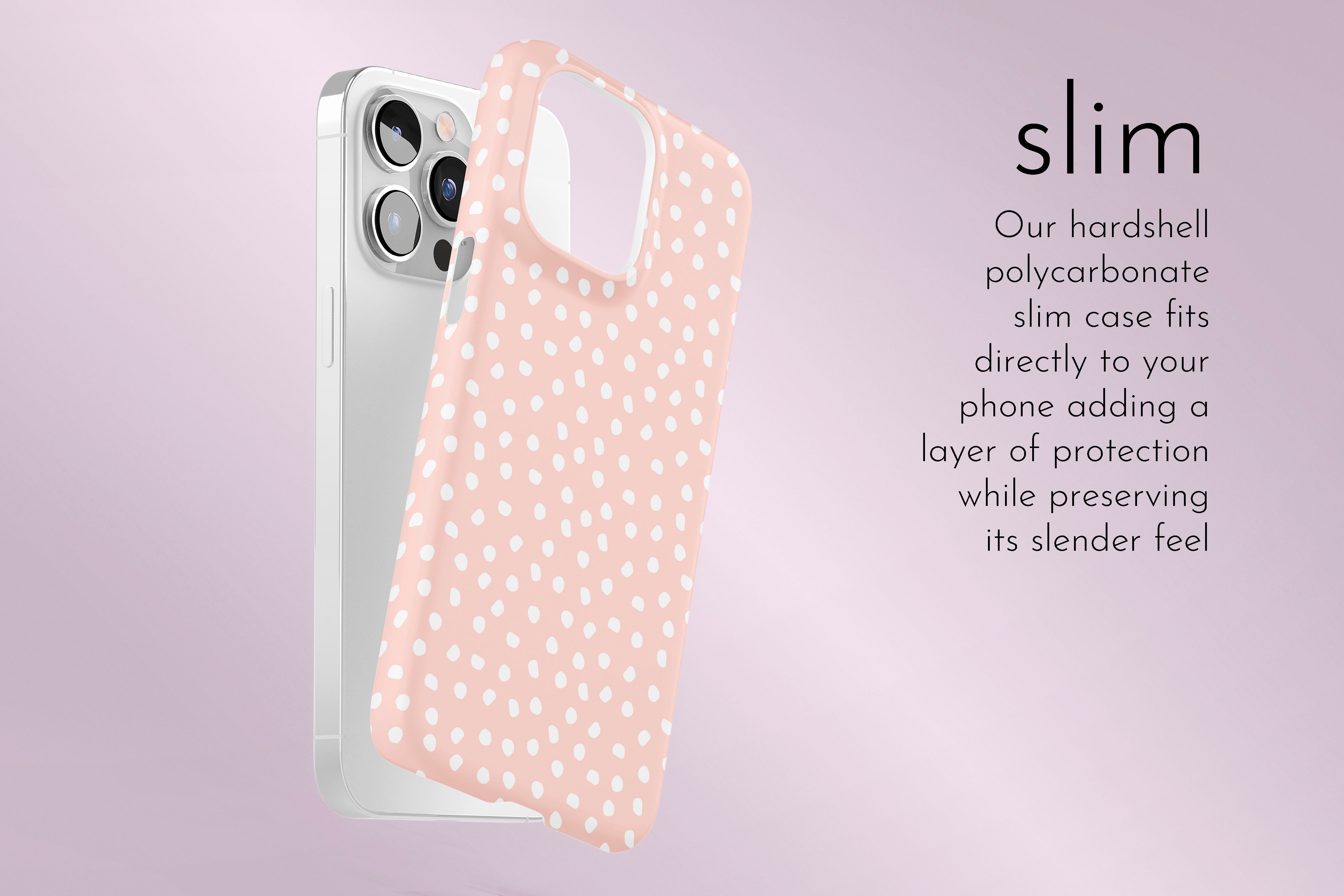 A graphic illustration of our White Bits design describing the main features of our slim type phone case
