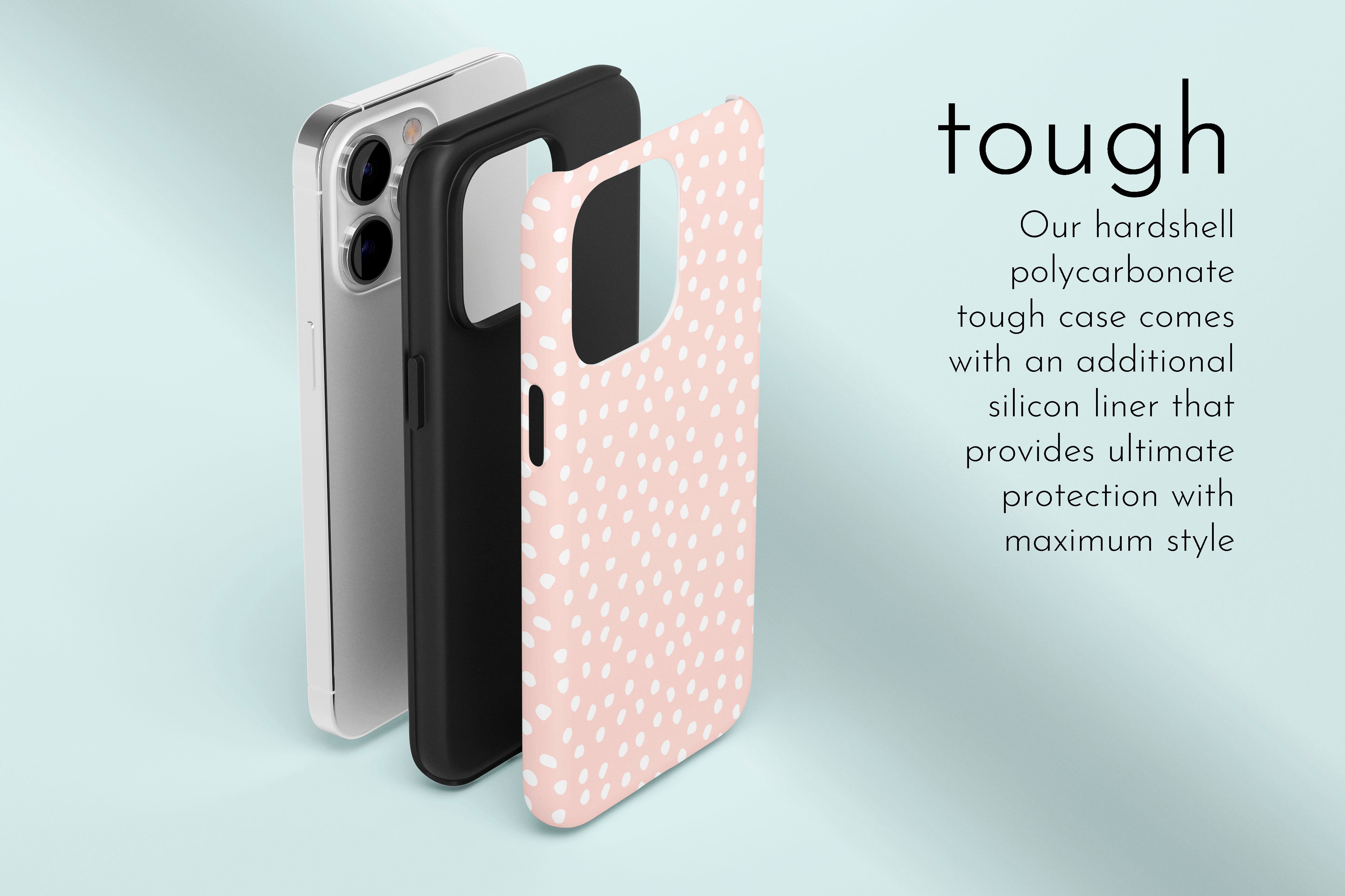 A graphic illustration of our White Bits design describing the main features of our tough type phone case