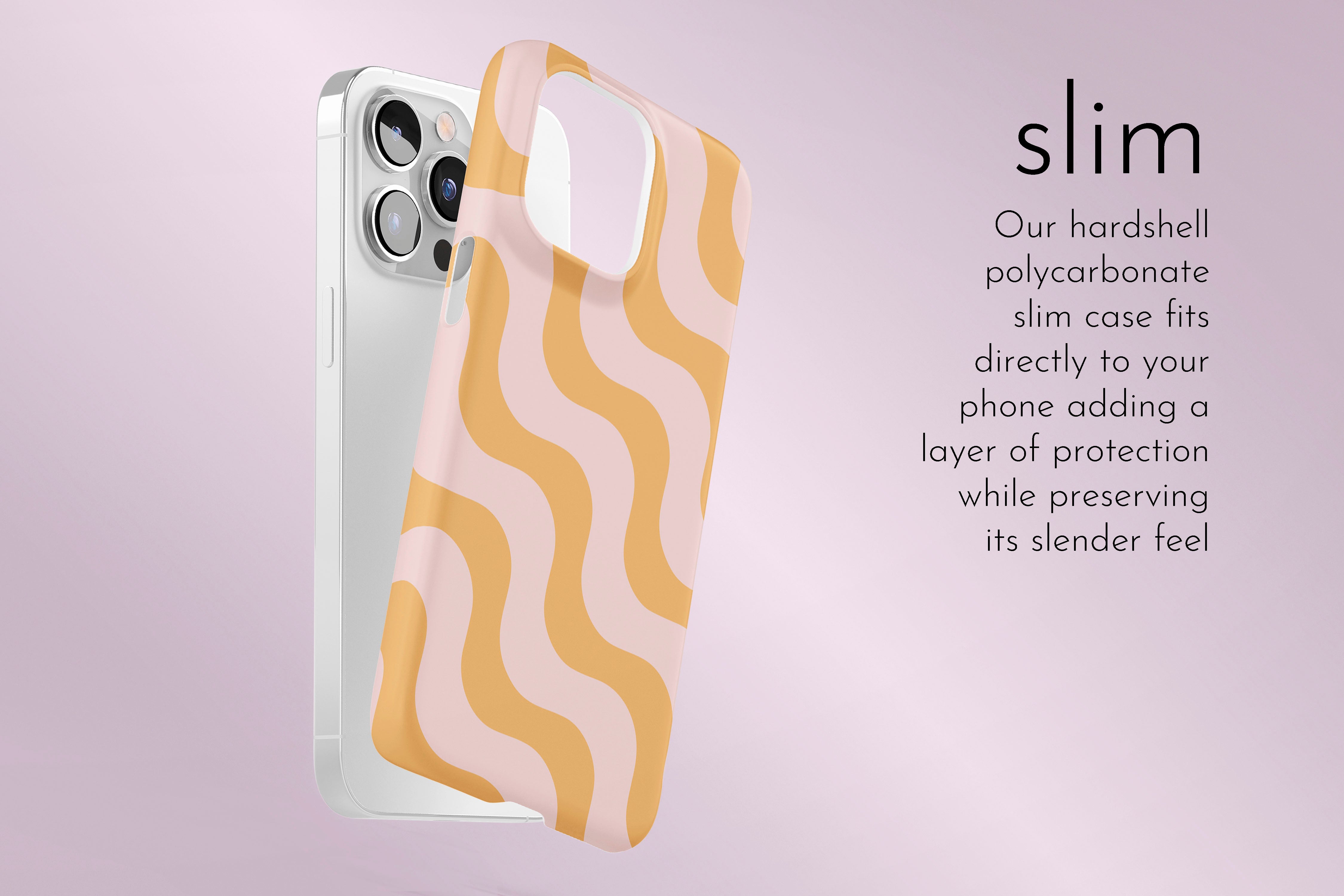 A graphic illustration of our Wiggle Wiggle design describing the main features of our slim type phone case