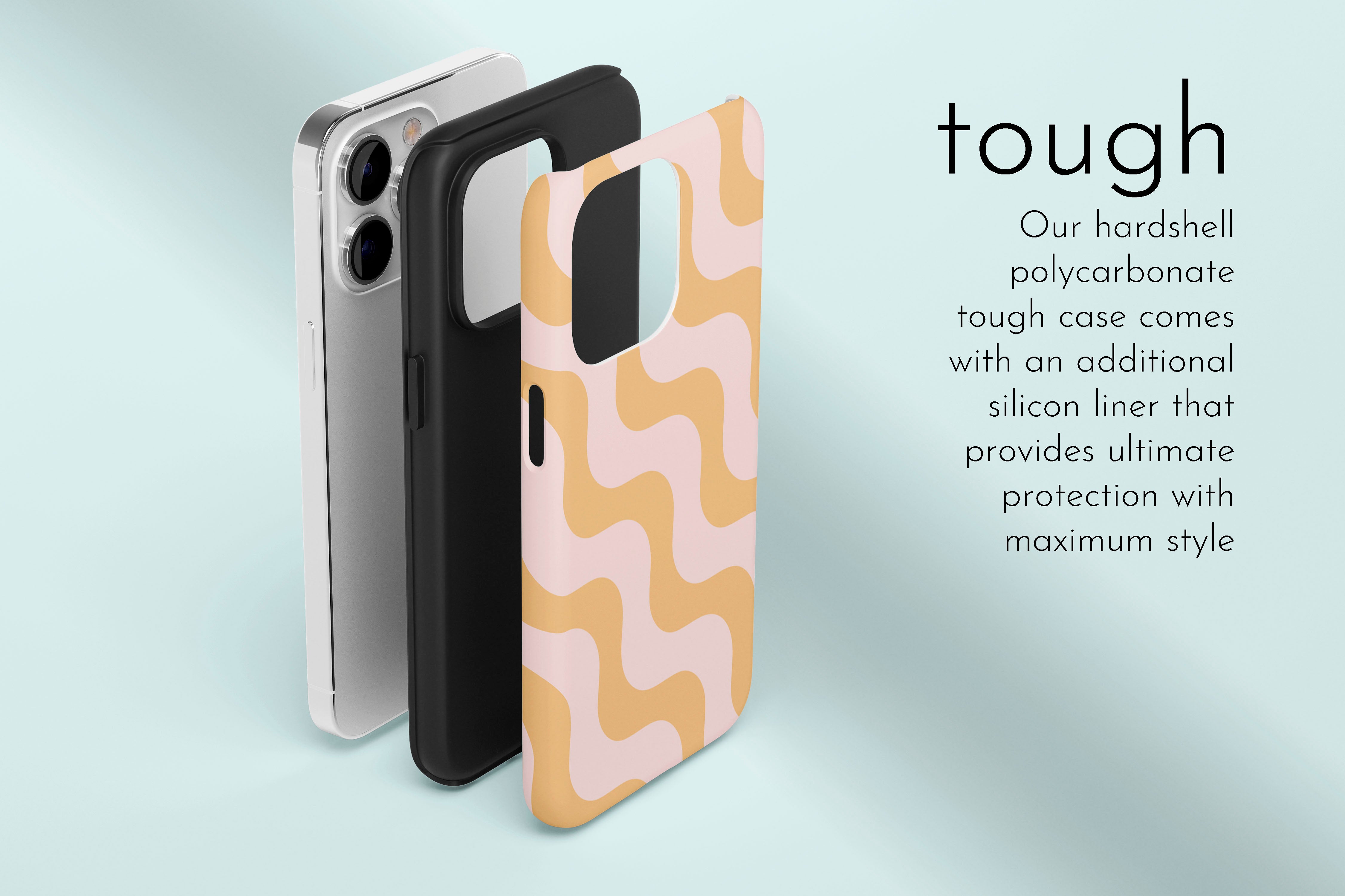 A graphic illustration of our Wiggle Wiggle design describing the main features of our tough type phone case