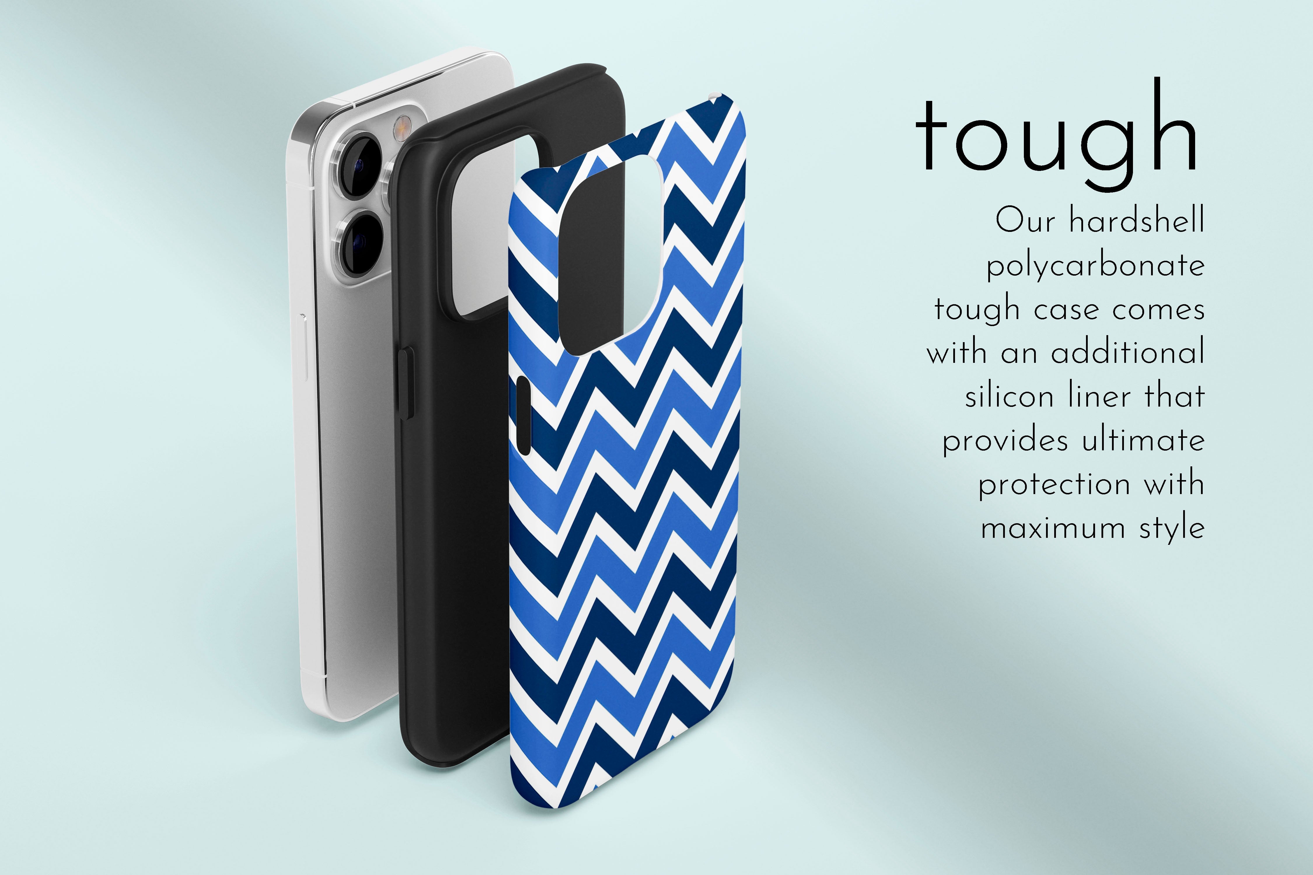 A graphic illustration of our Zig design describing the main features of our tough type phone case