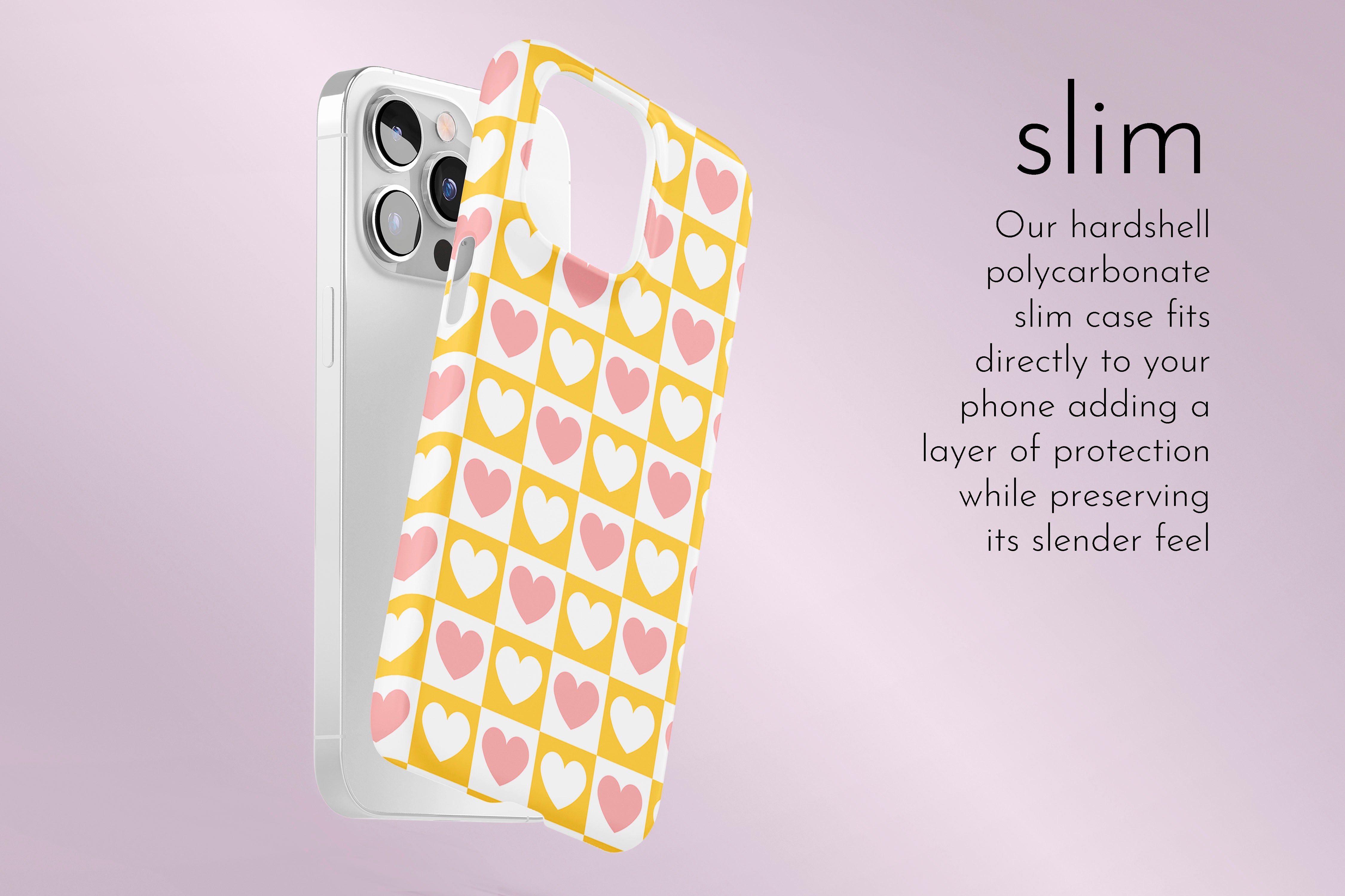 A graphic illustration of our Check Heart design describing the main features of our slim type phone case