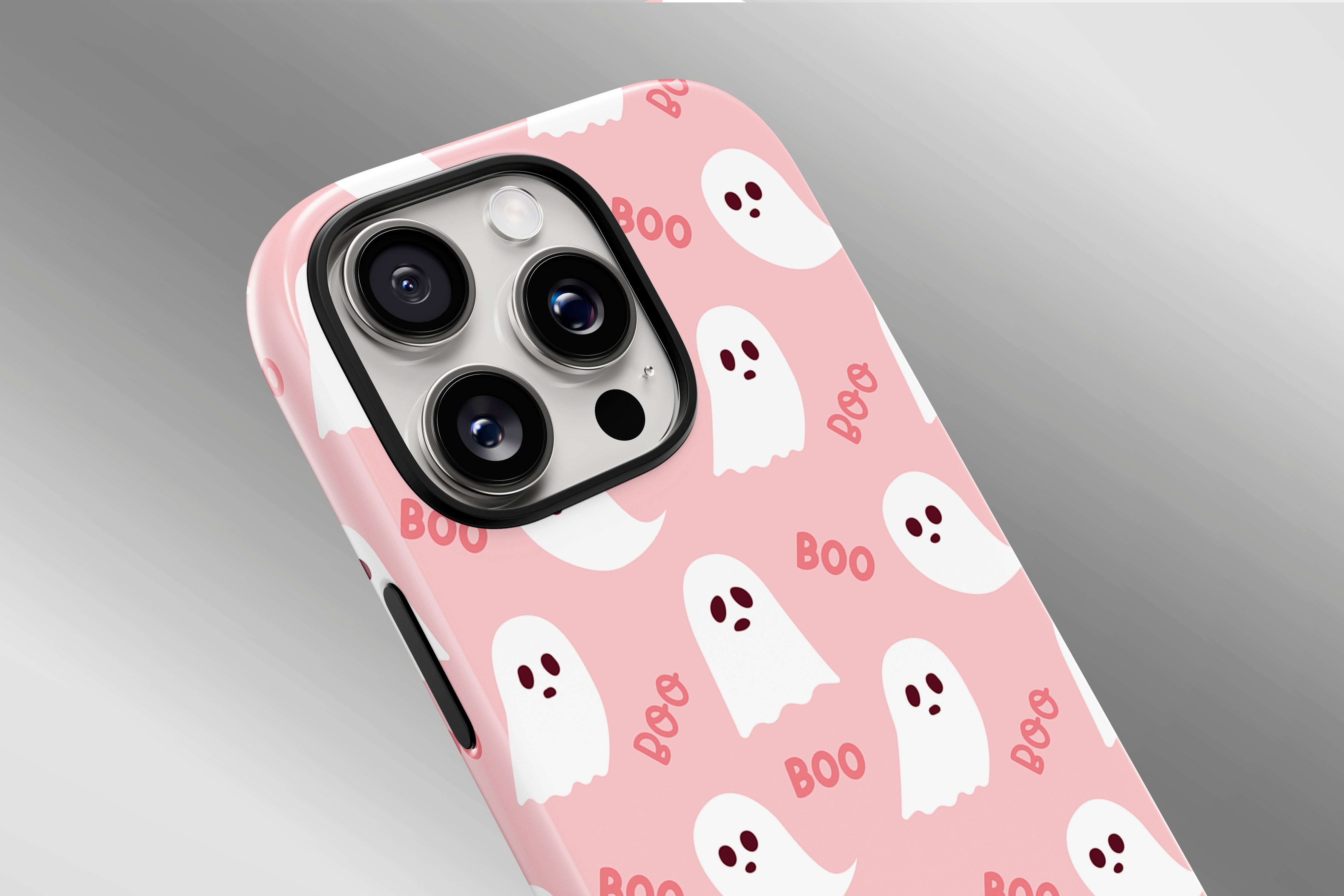 A close up image of a phone case featuring our Ghosts design