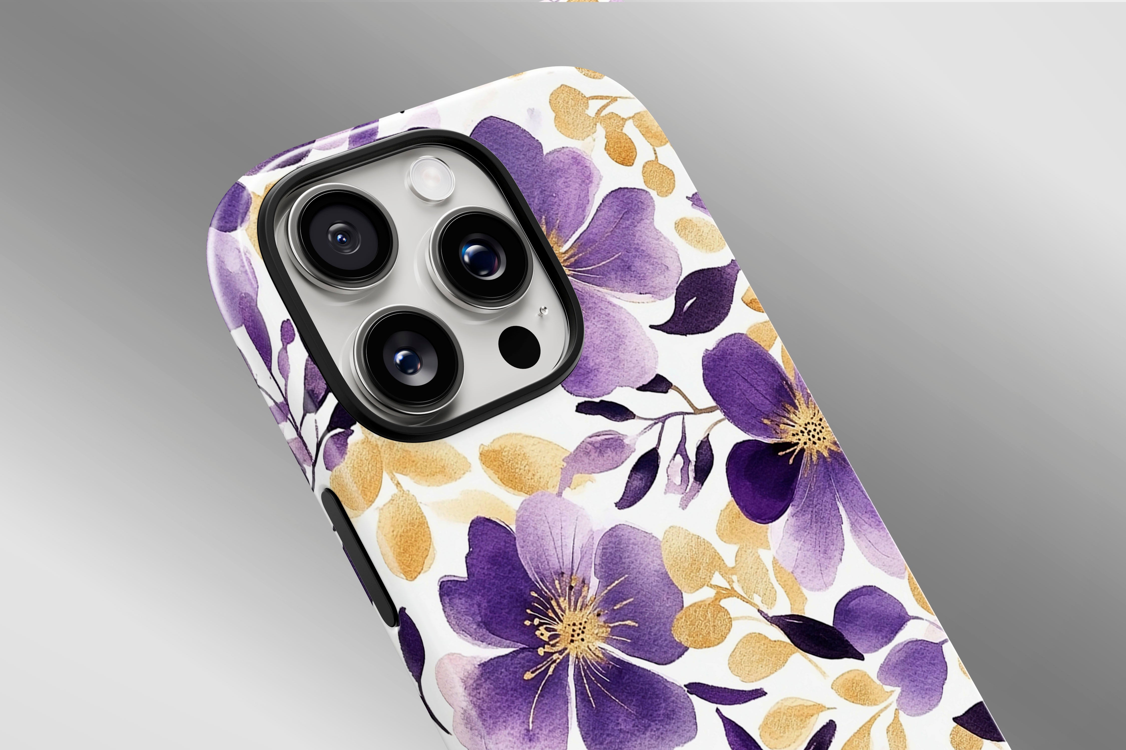 A close up image of a phone case featuring our Parma Violets design